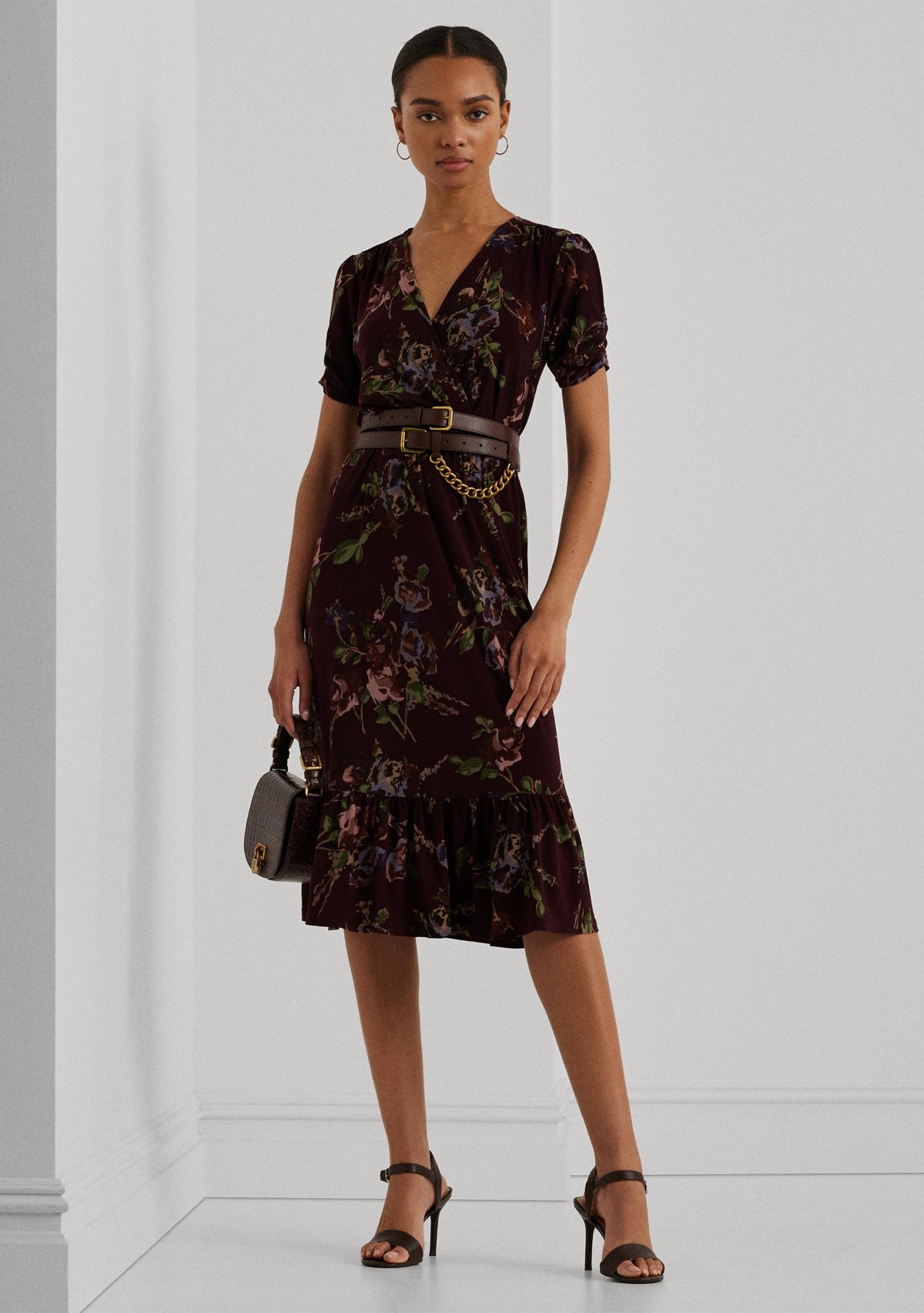 Womens Floral Jersey Surplice Puff-Sleeve Dress