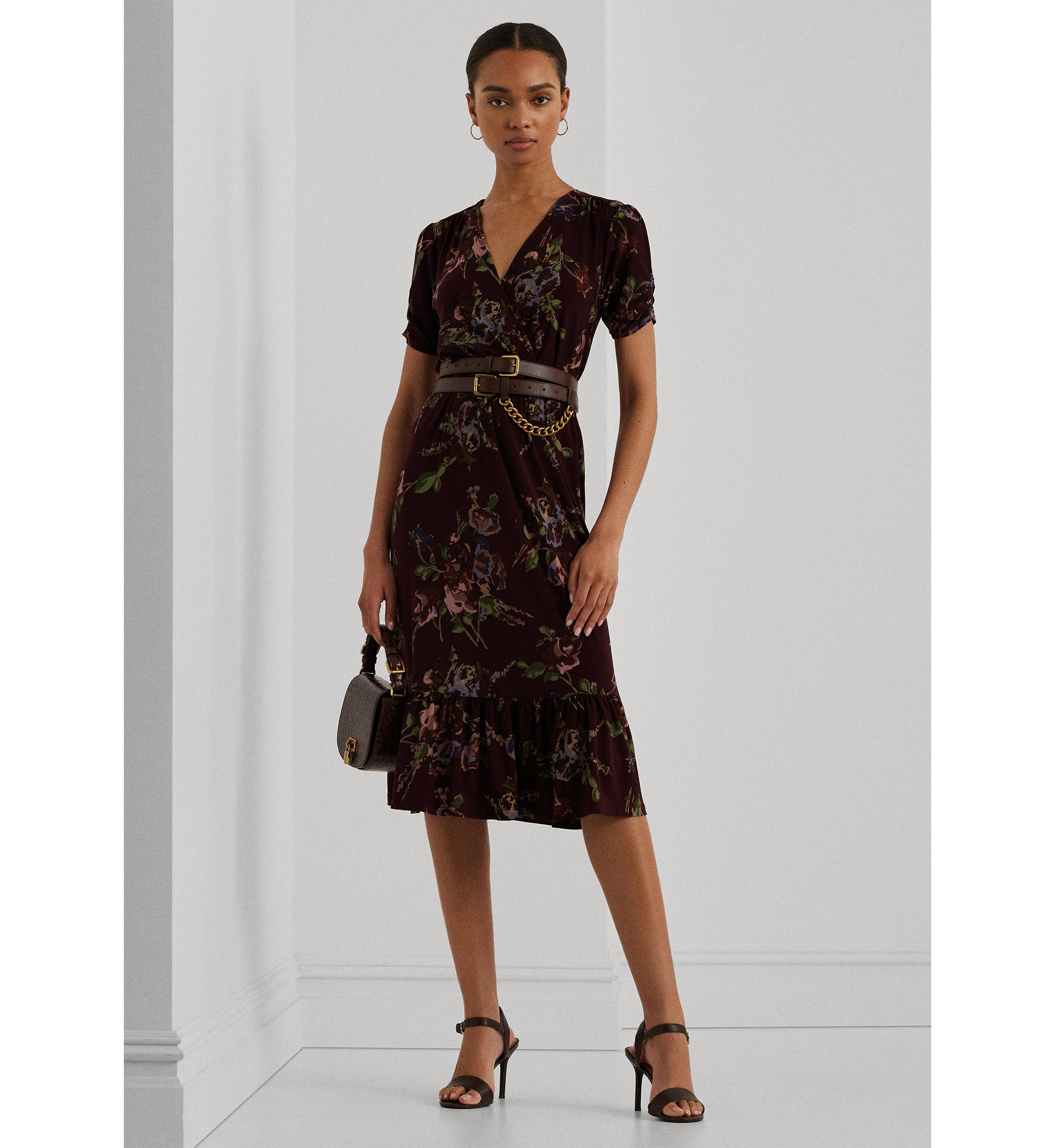 Womens Floral Jersey Surplice Puff-Sleeve Dress