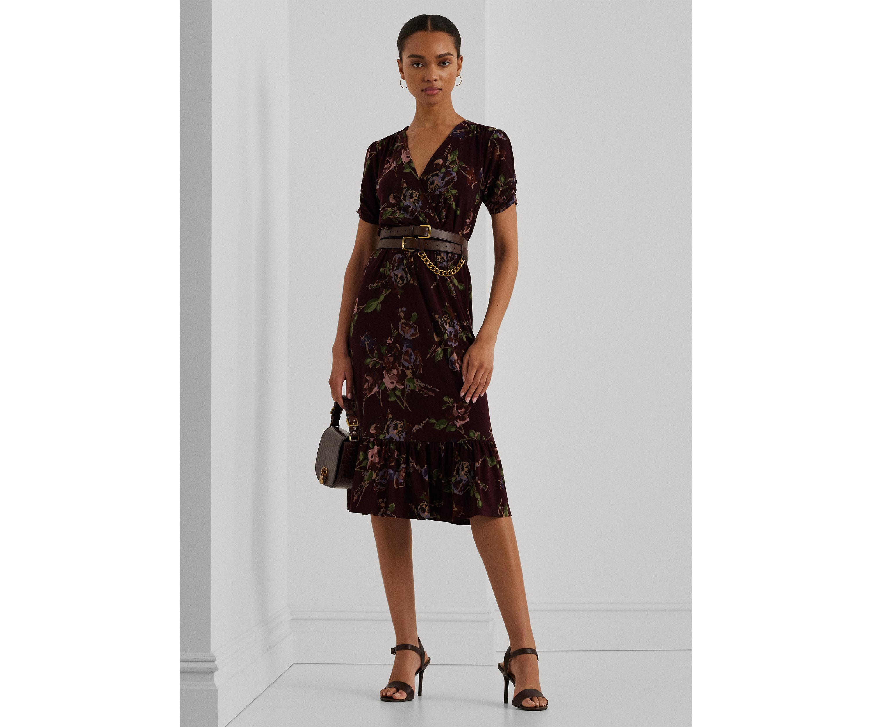 Womens Floral Jersey Surplice Puff-Sleeve Dress