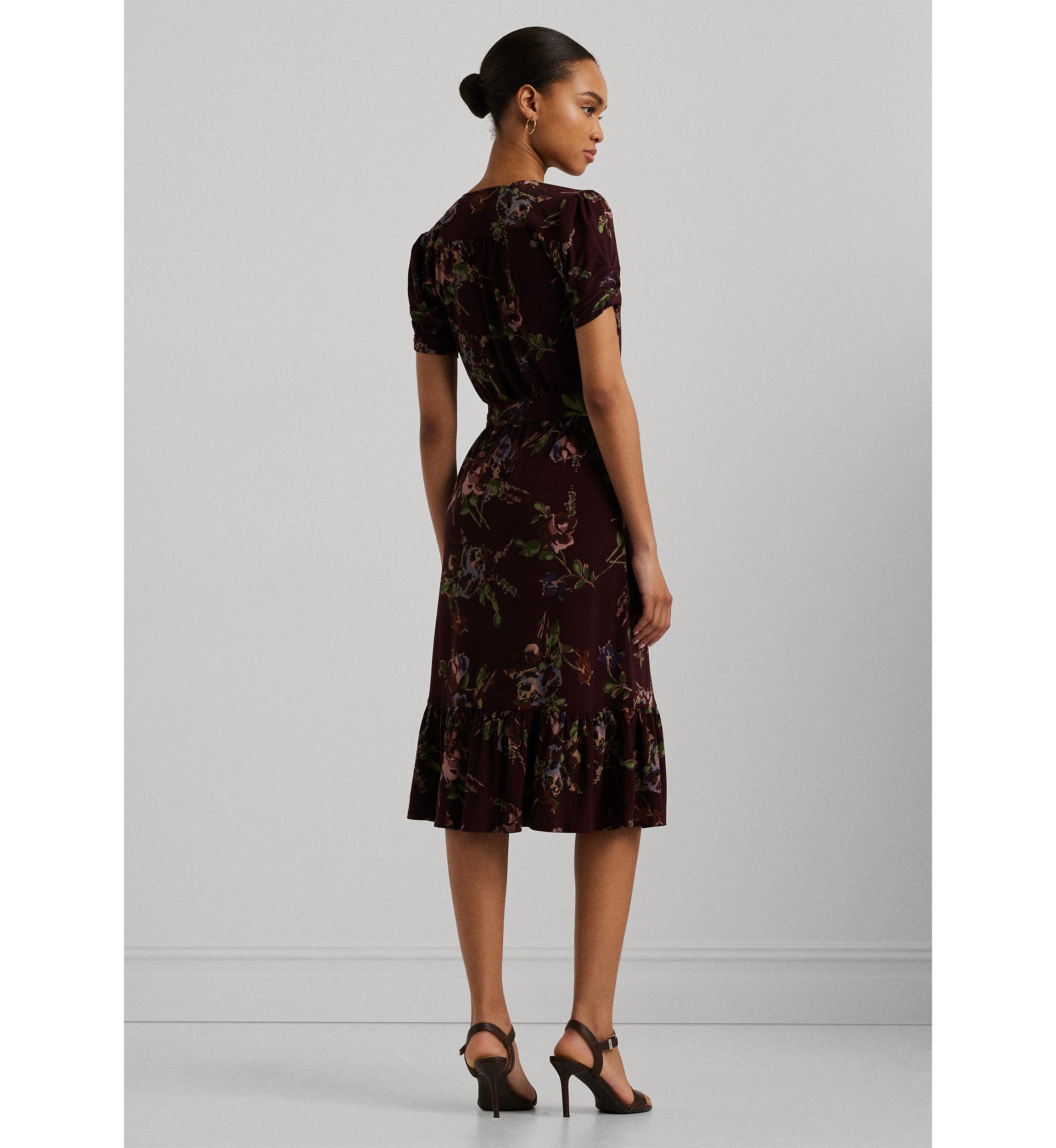 Womens Floral Jersey Surplice Puff-Sleeve Dress