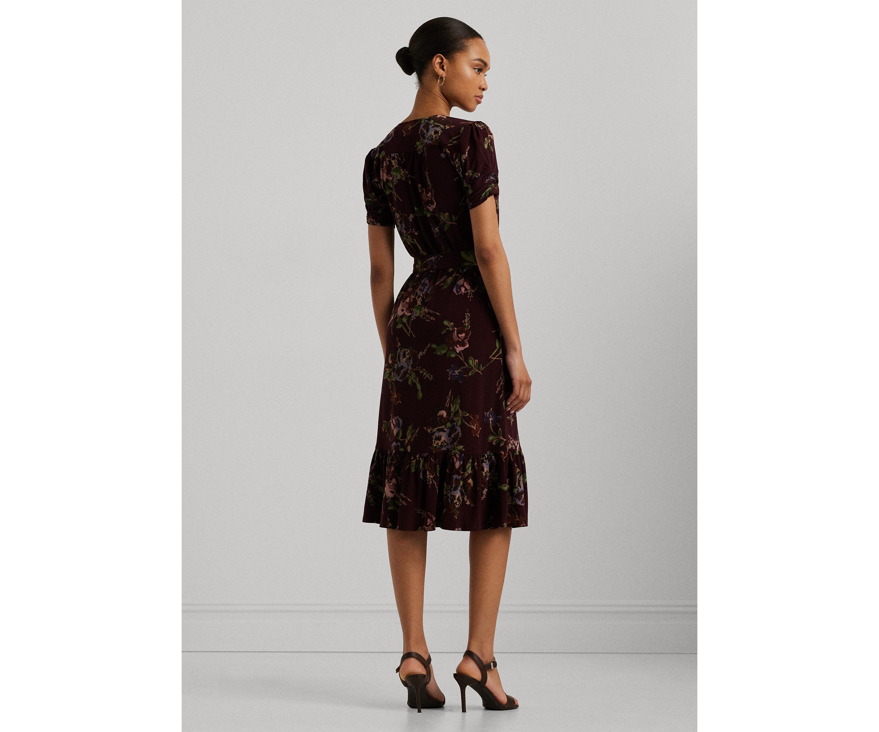 Womens Floral Jersey Surplice Puff-Sleeve Dress