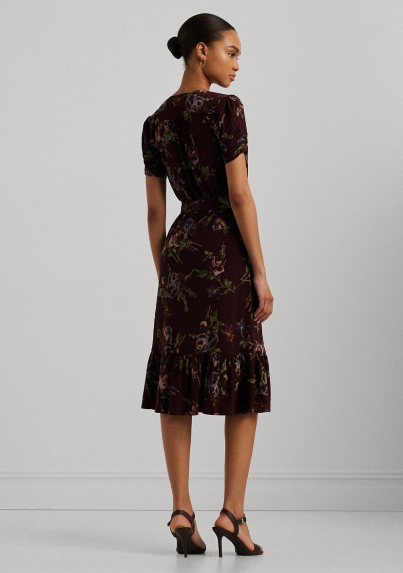 Womens Floral Jersey Surplice Puff-Sleeve Dress