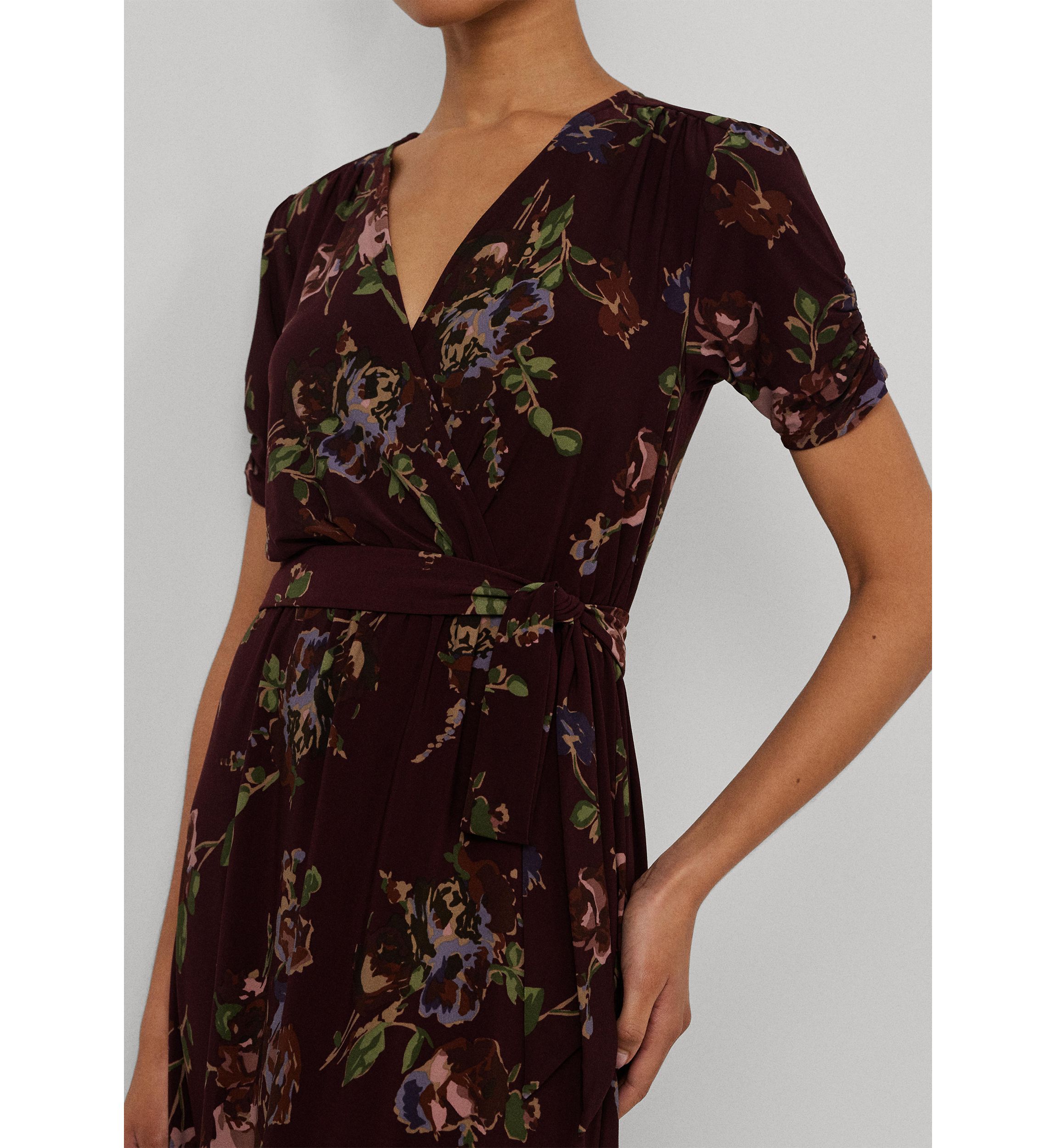 Womens Floral Jersey Surplice Puff-Sleeve Dress