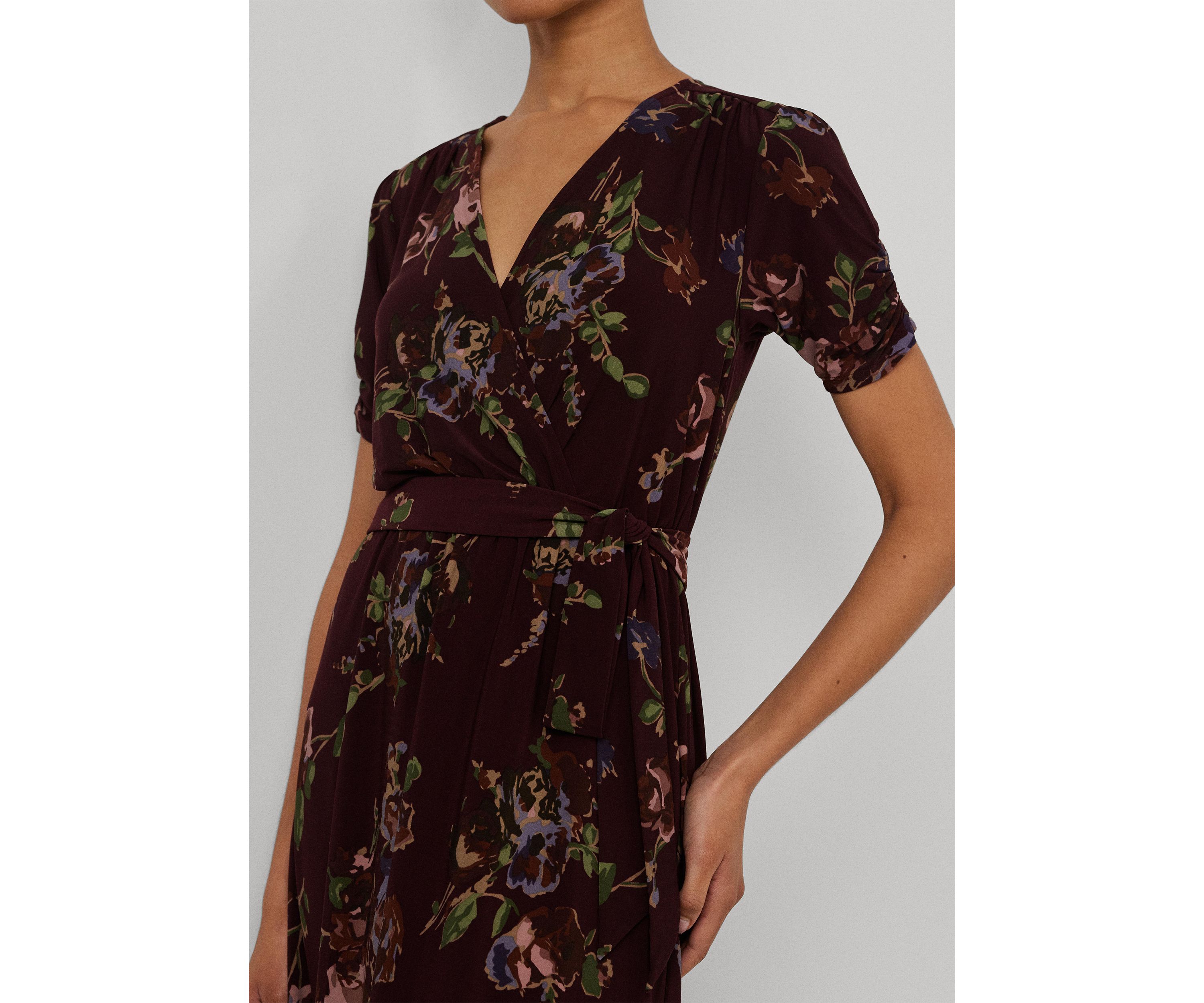 Womens Floral Jersey Surplice Puff-Sleeve Dress