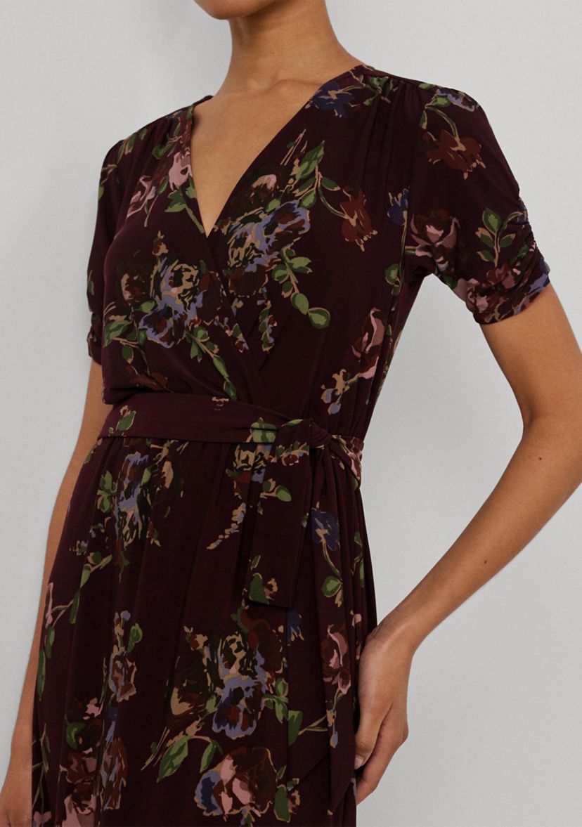 Womens Floral Jersey Surplice Puff-Sleeve Dress