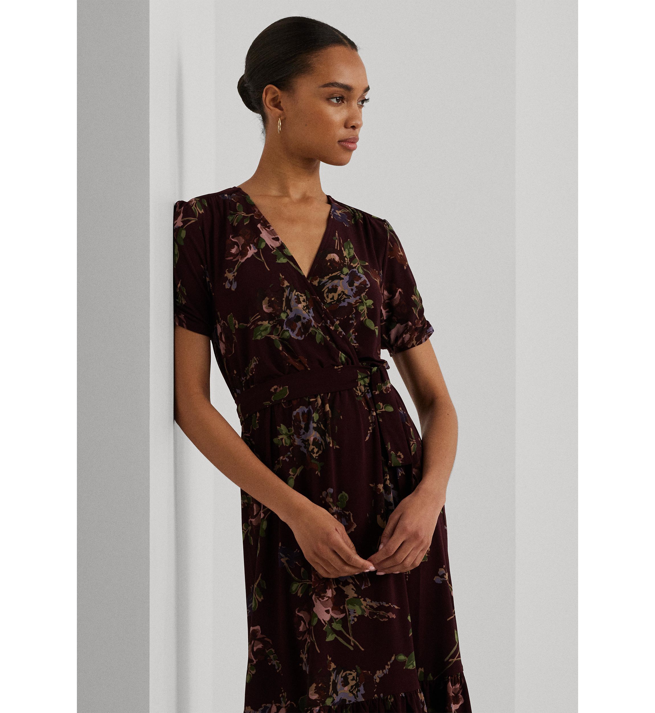 Womens Floral Jersey Surplice Puff-Sleeve Dress