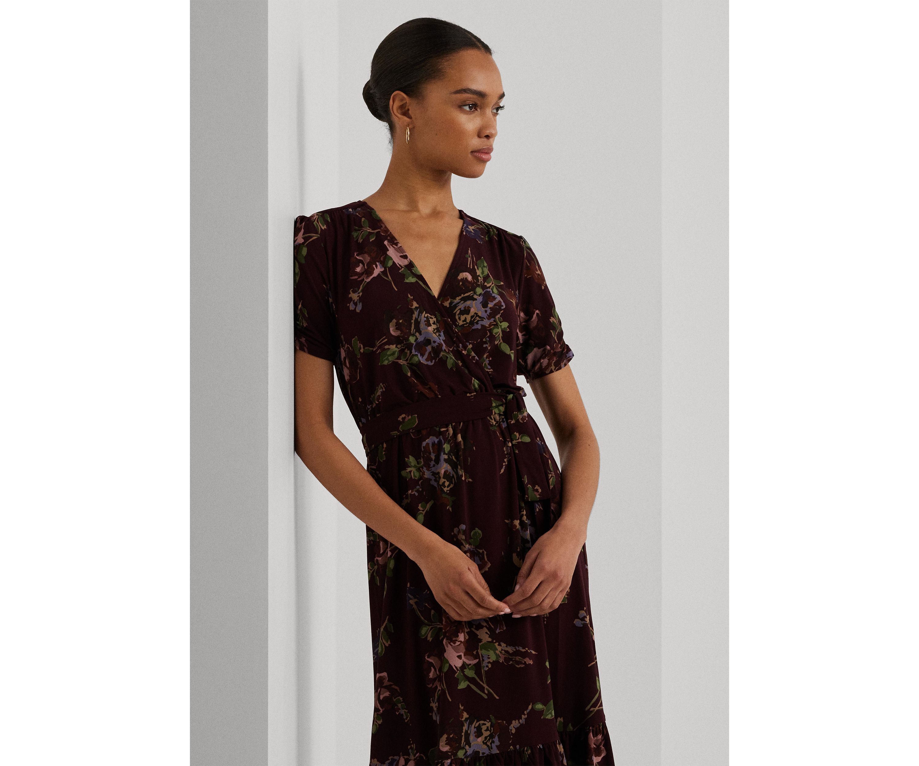 Womens Floral Jersey Surplice Puff-Sleeve Dress