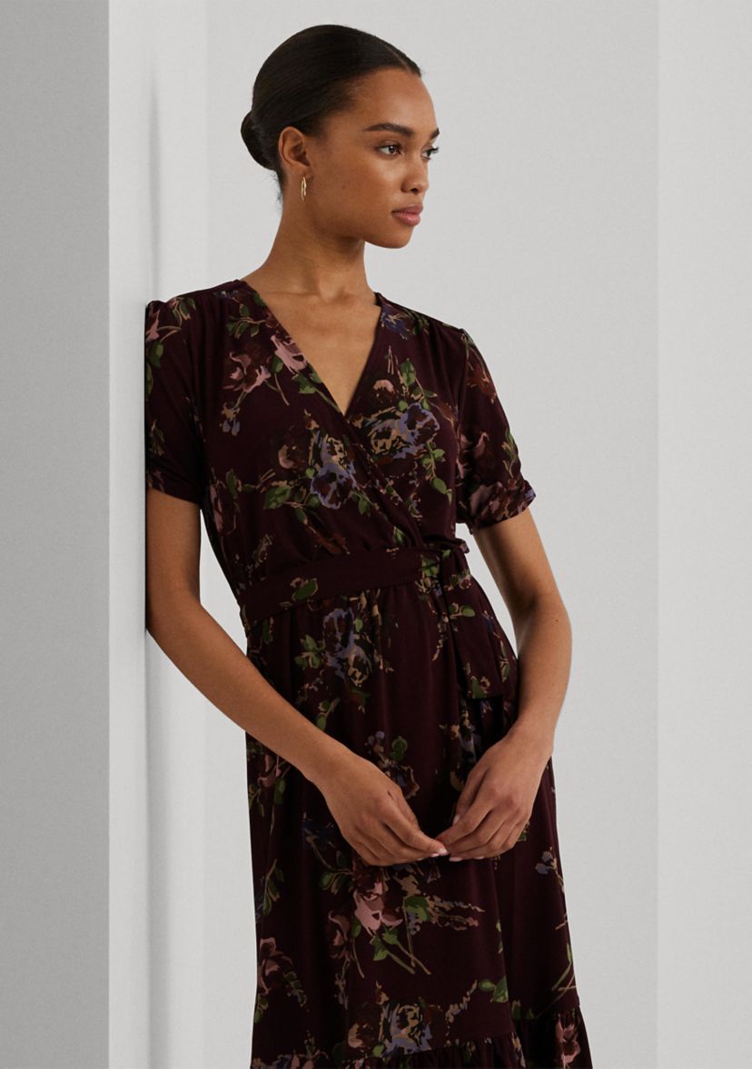 Womens Floral Jersey Surplice Puff-Sleeve Dress