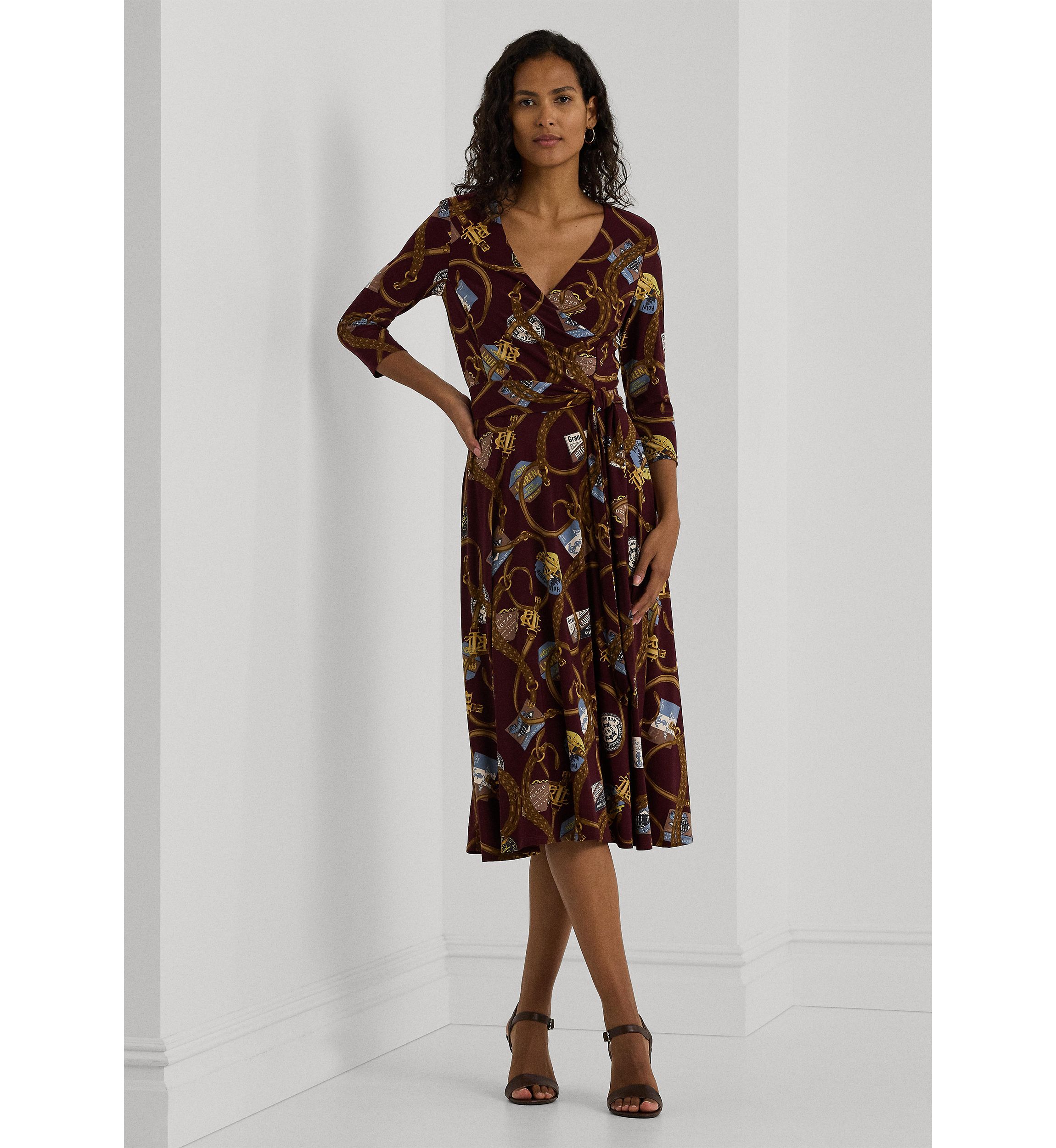 Belting Print Surplice Jersey Dress
