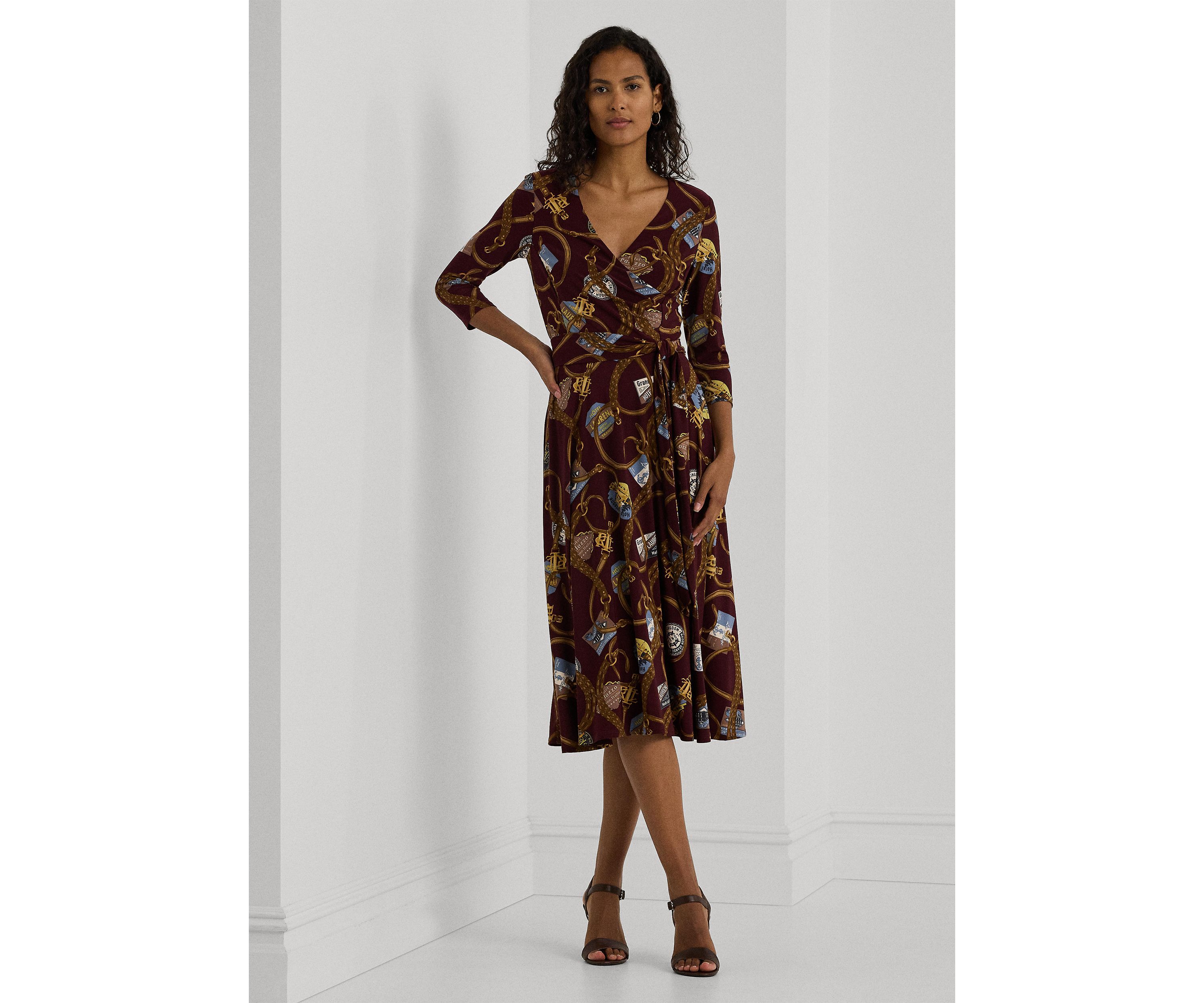 Belting Print Surplice Jersey Dress