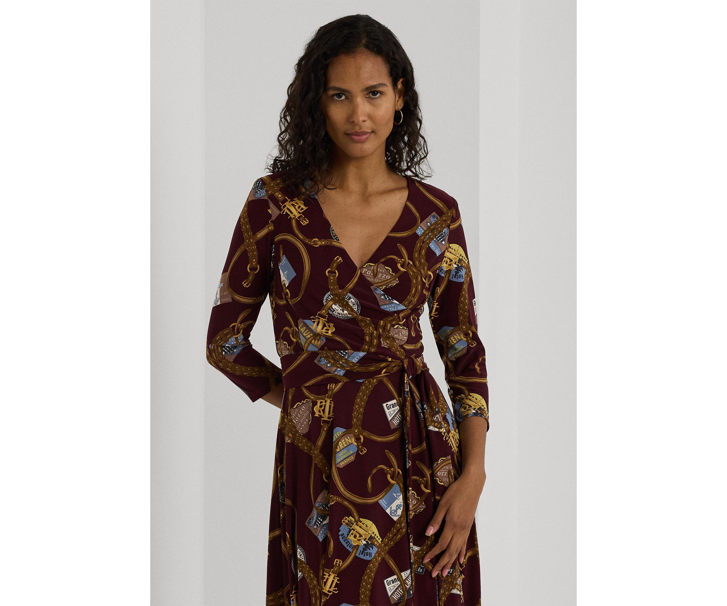 Belting Print Surplice Jersey Dress