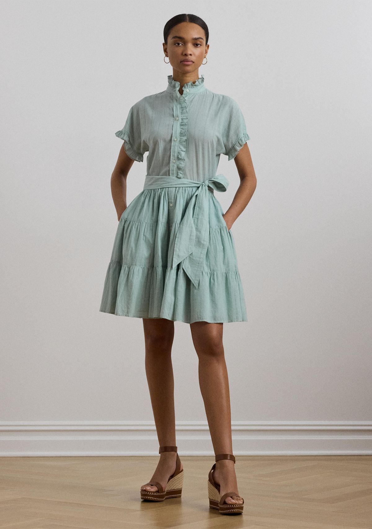 Striped Ruffle Trim Voile Shirtdress