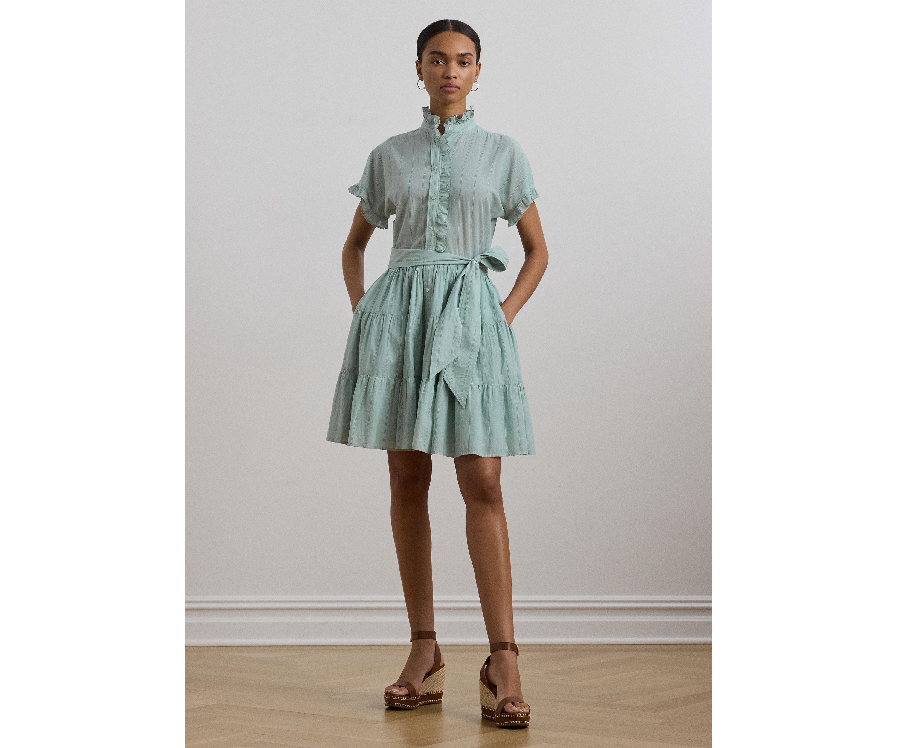 Striped Ruffle Trim Voile Shirtdress