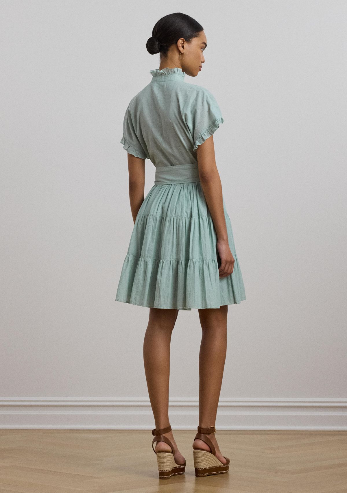 Striped Ruffle Trim Voile Shirtdress