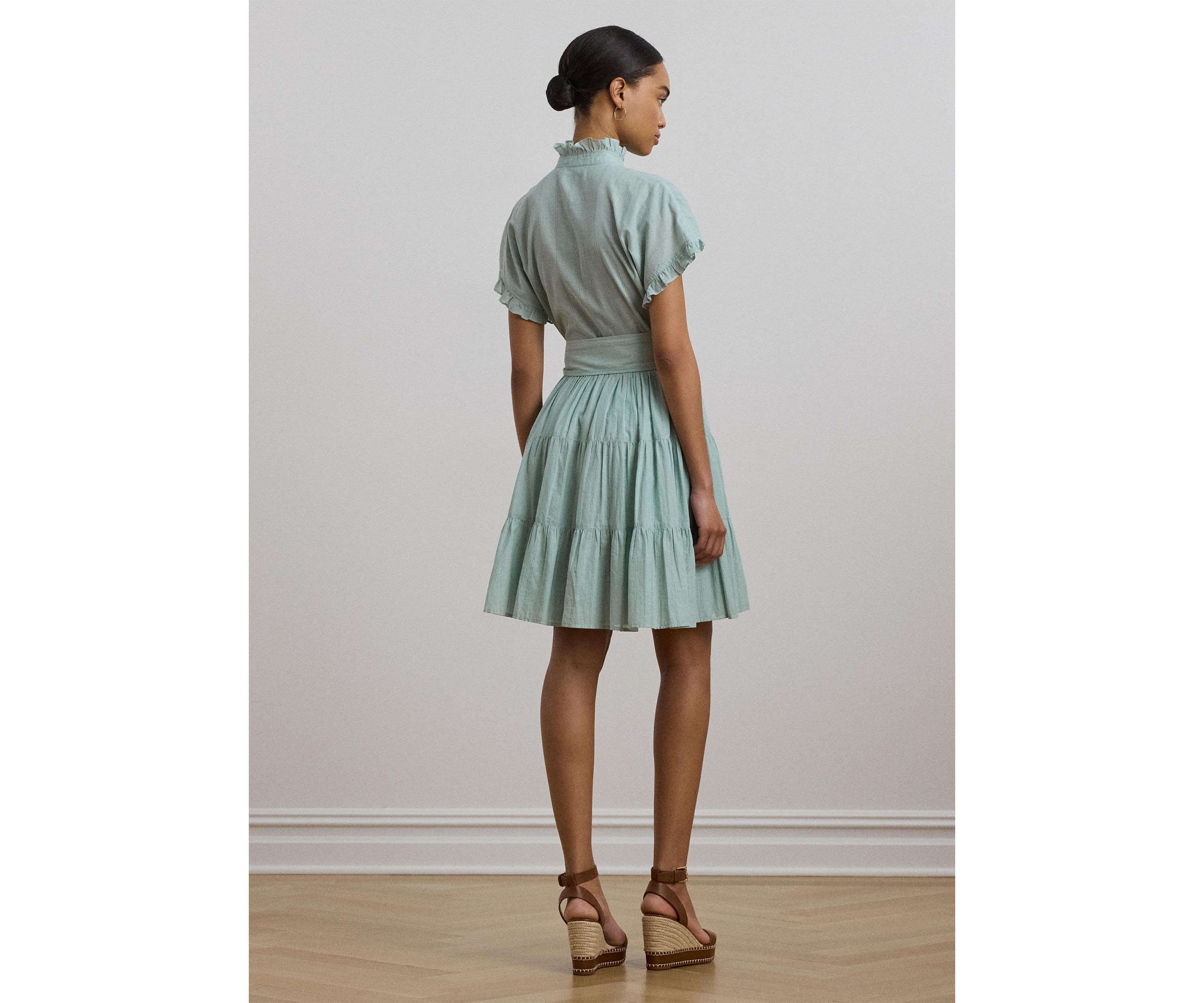 Striped Ruffle Trim Voile Shirtdress