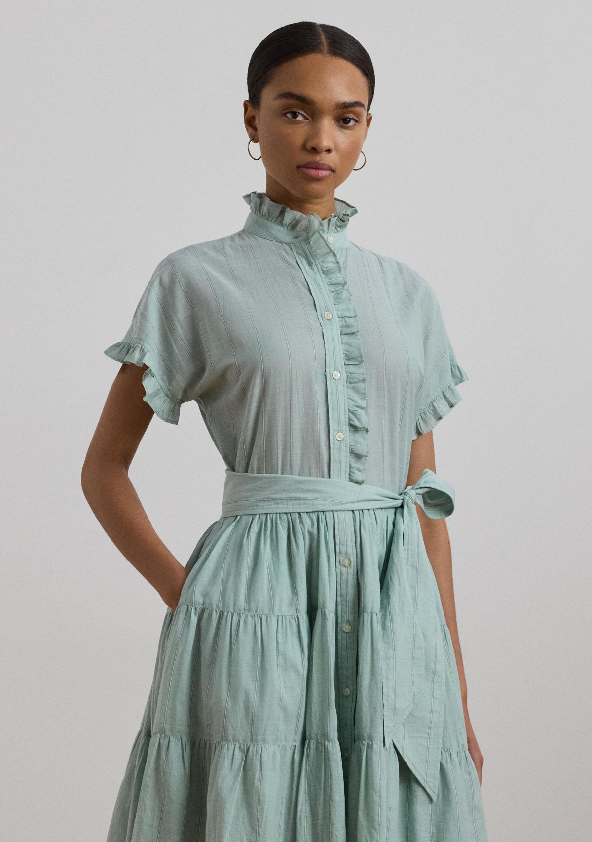 Striped Ruffle Trim Voile Shirtdress