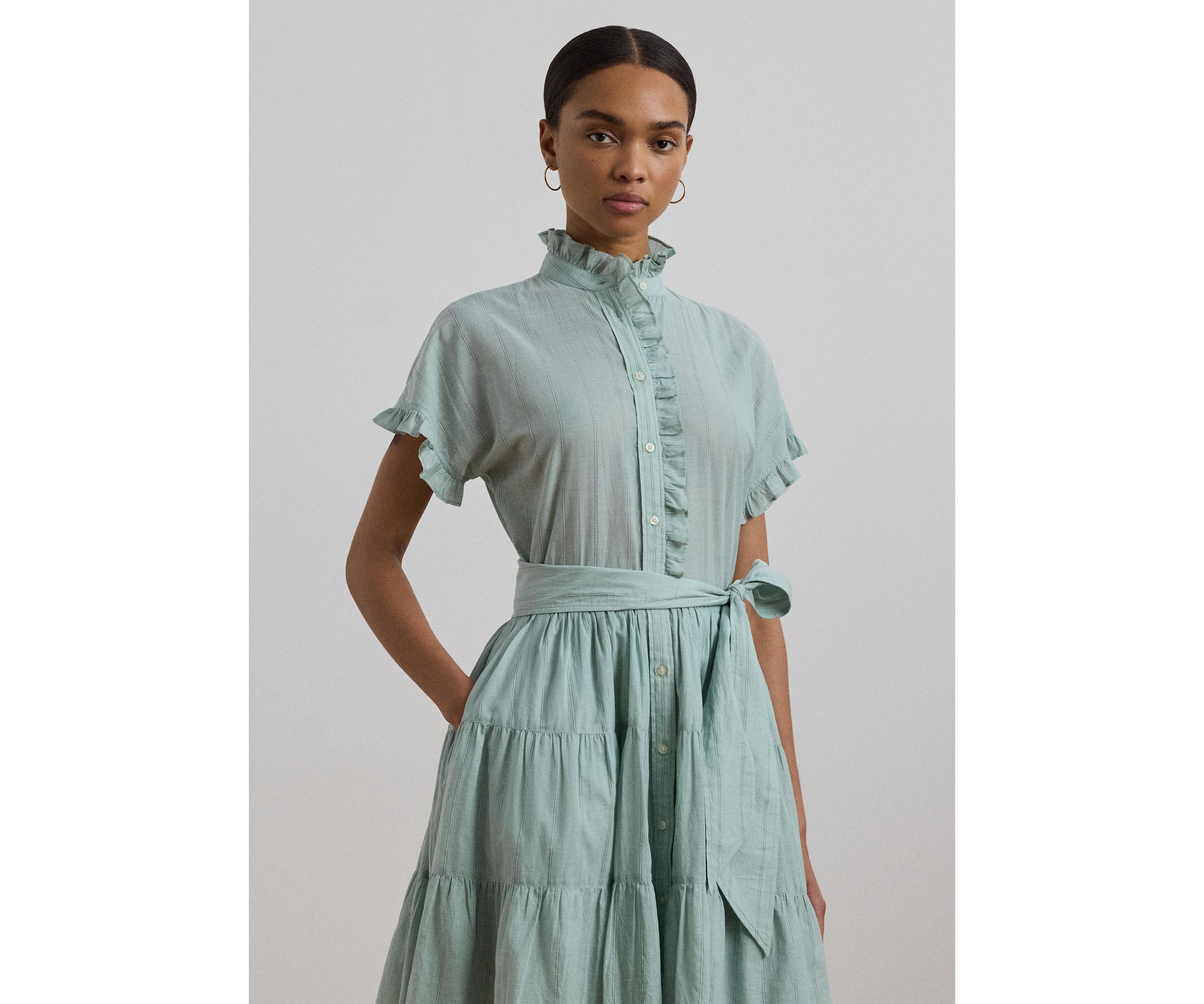 Striped Ruffle Trim Voile Shirtdress