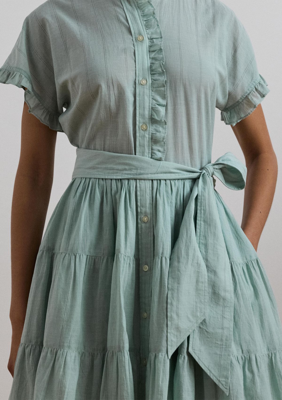 Striped Ruffle Trim Voile Shirtdress