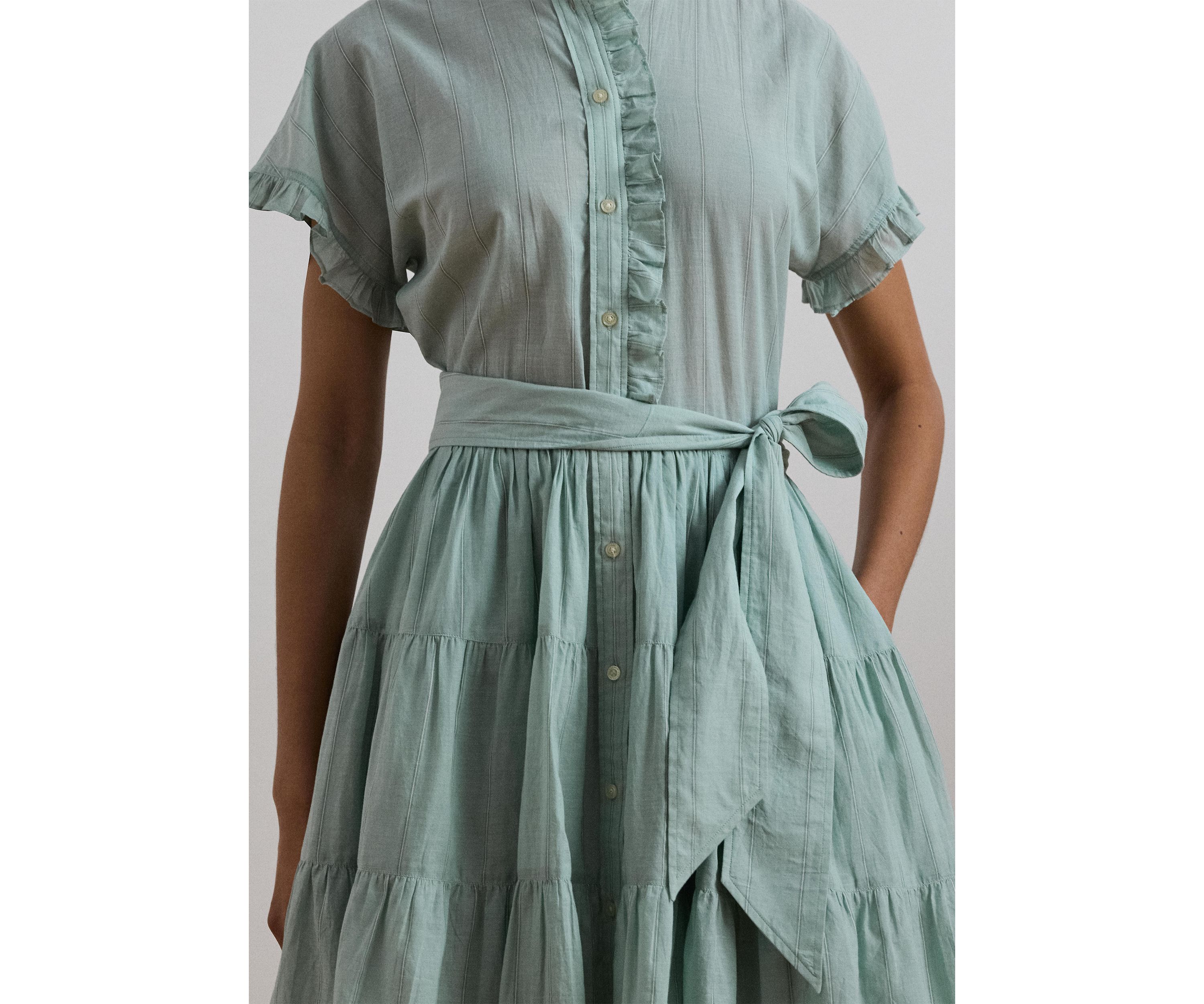 Striped Ruffle Trim Voile Shirtdress