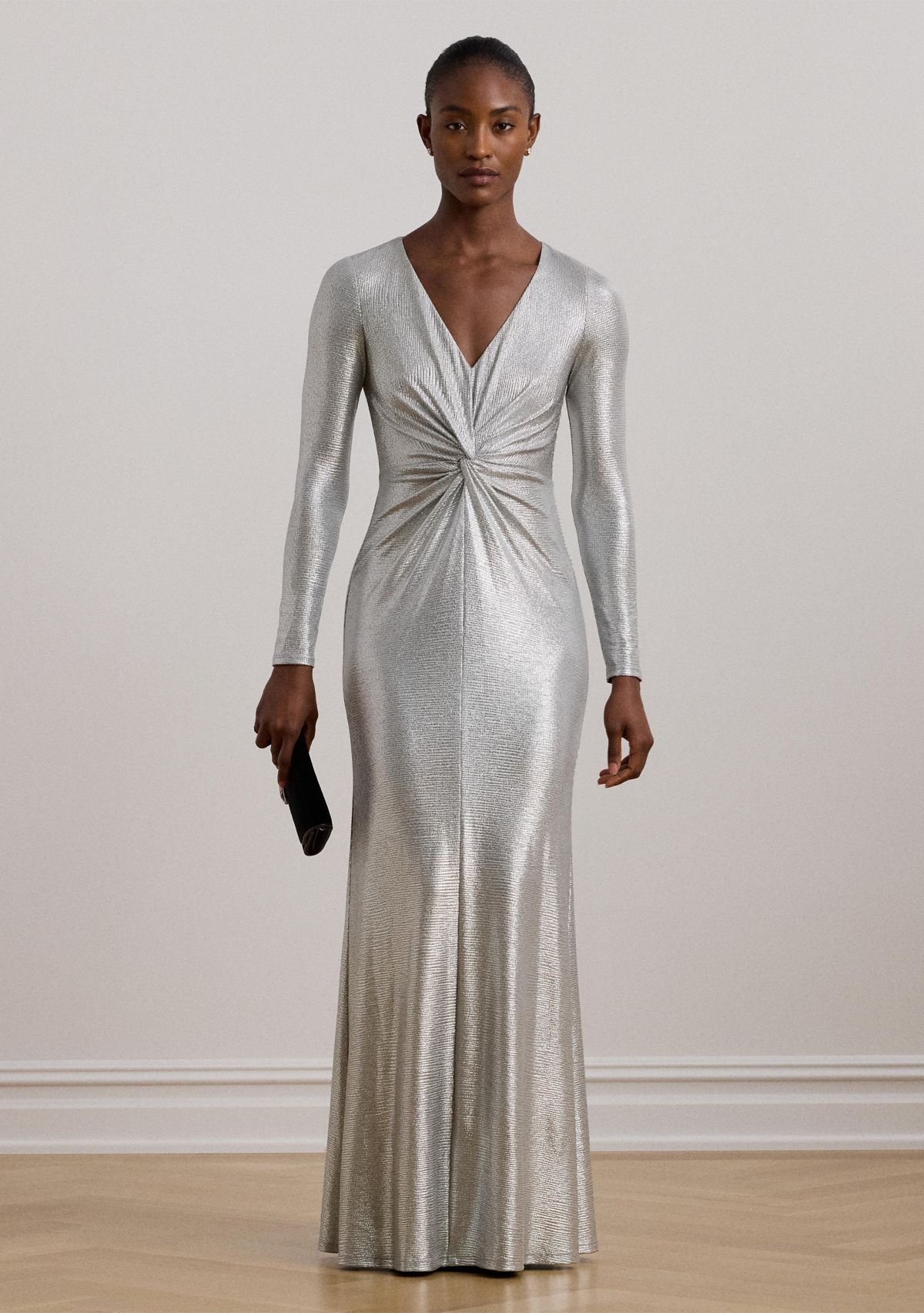 Womens Metallic Knit Twist-Front Gown