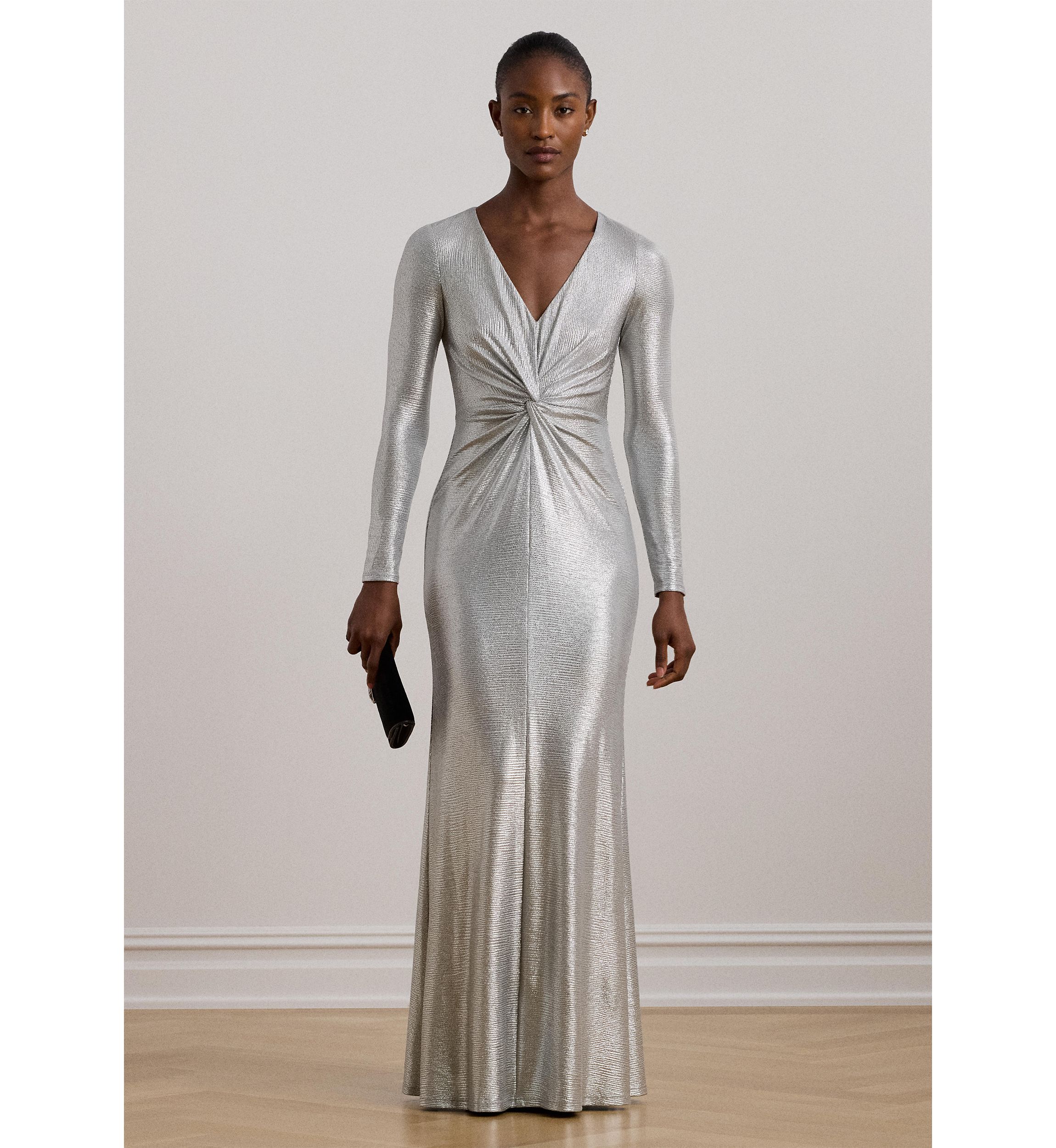 Womens Metallic Knit Twist-Front Gown