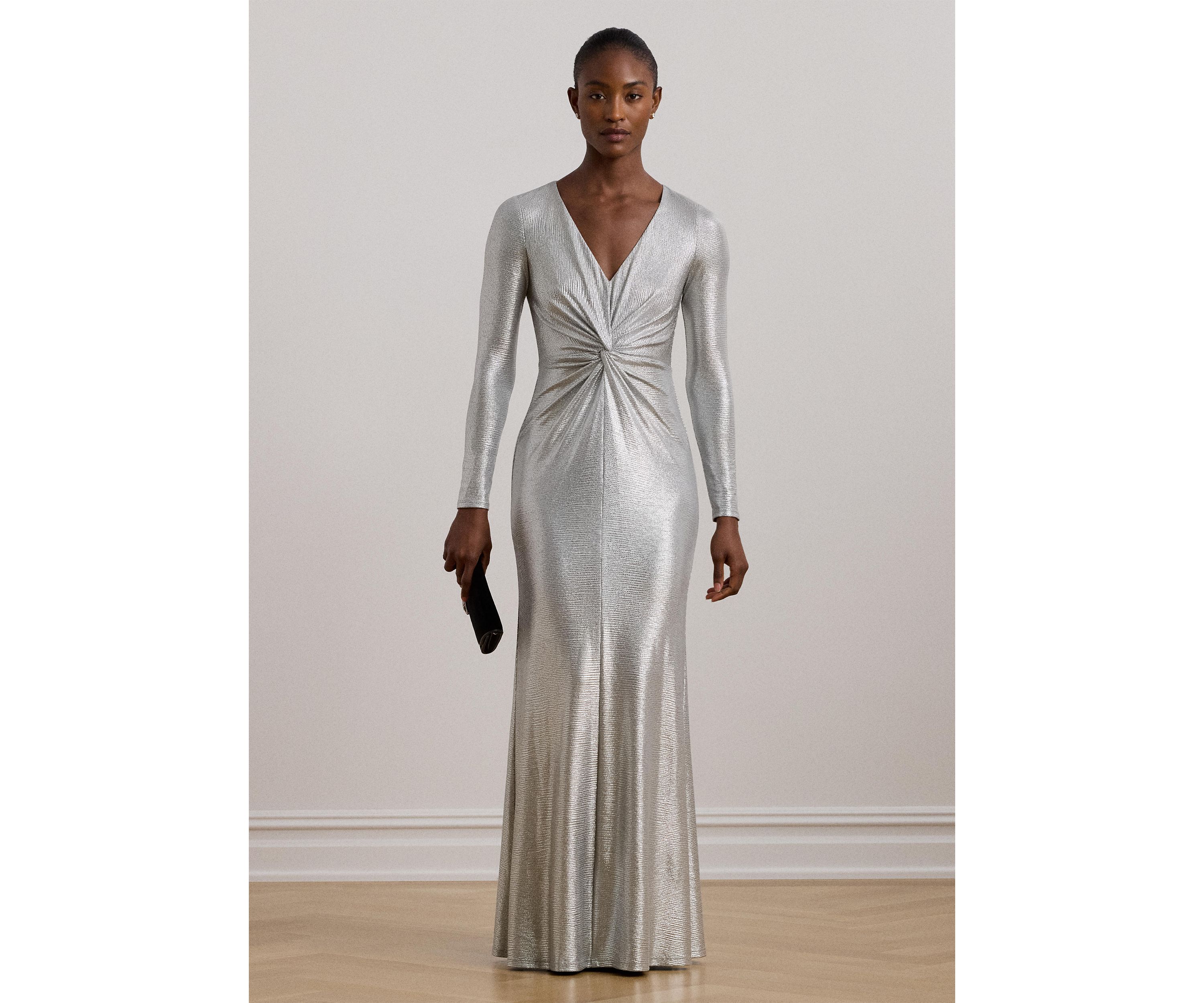Womens Metallic Knit Twist-Front Gown