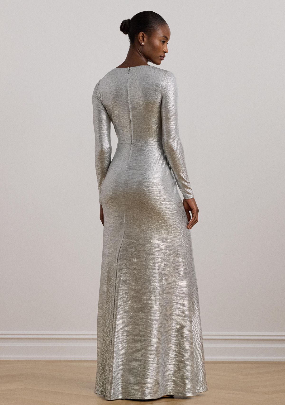 Womens Metallic Knit Twist-Front Gown
