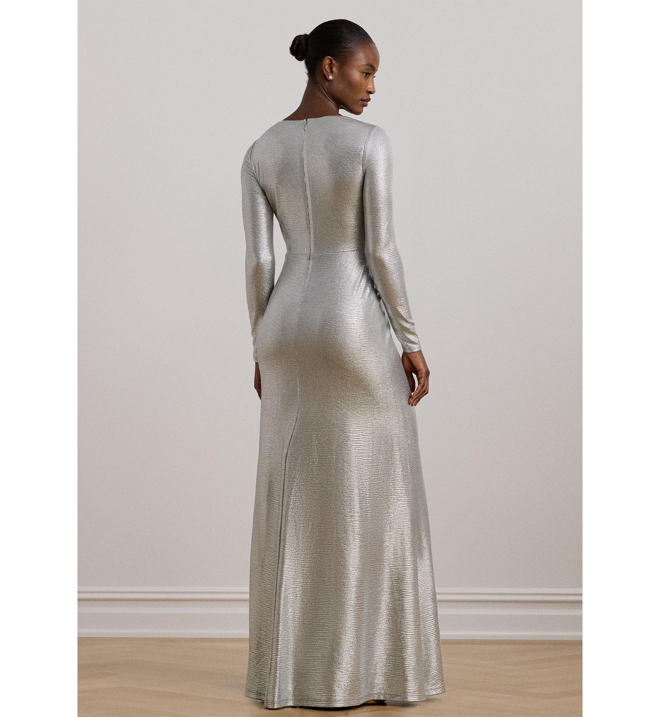 Womens Metallic Knit Twist-Front Gown
