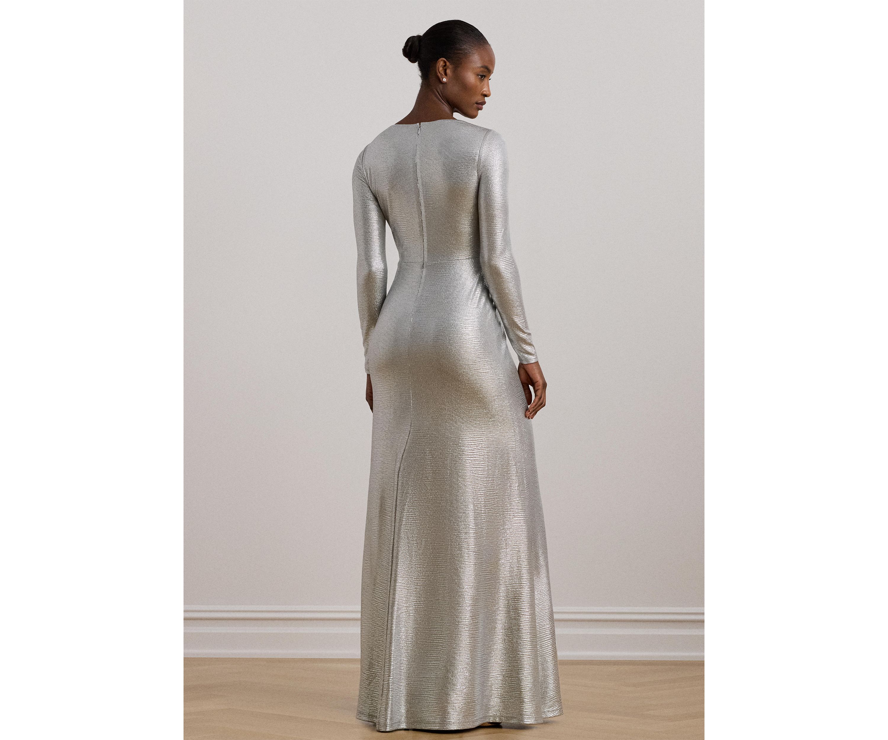 Womens Metallic Knit Twist-Front Gown