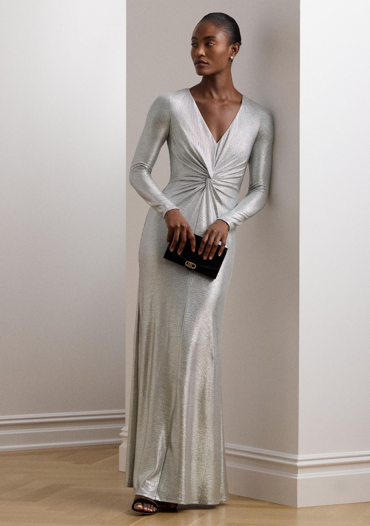 Womens Metallic Knit Twist-Front Gown
