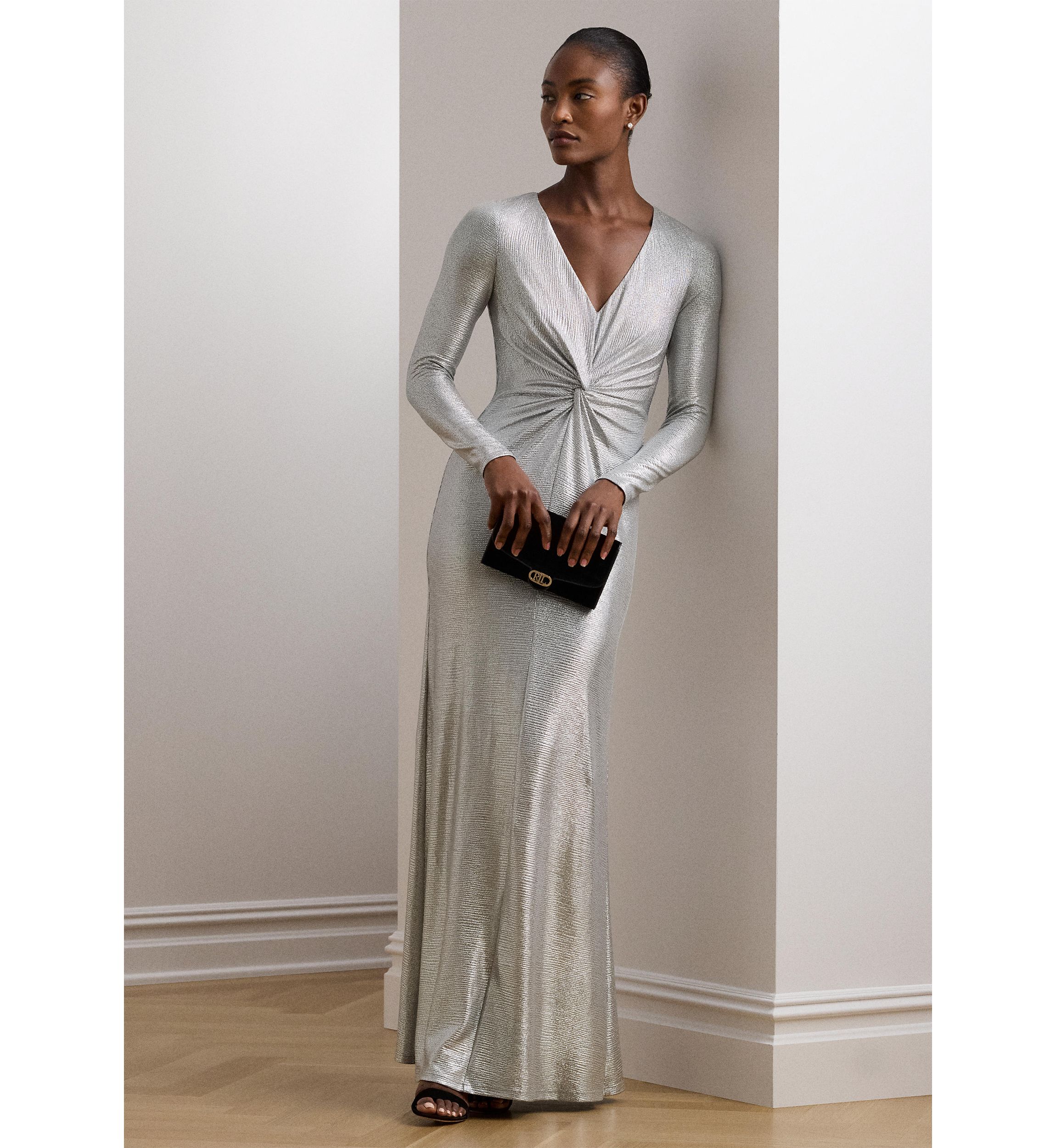 Womens Metallic Knit Twist-Front Gown