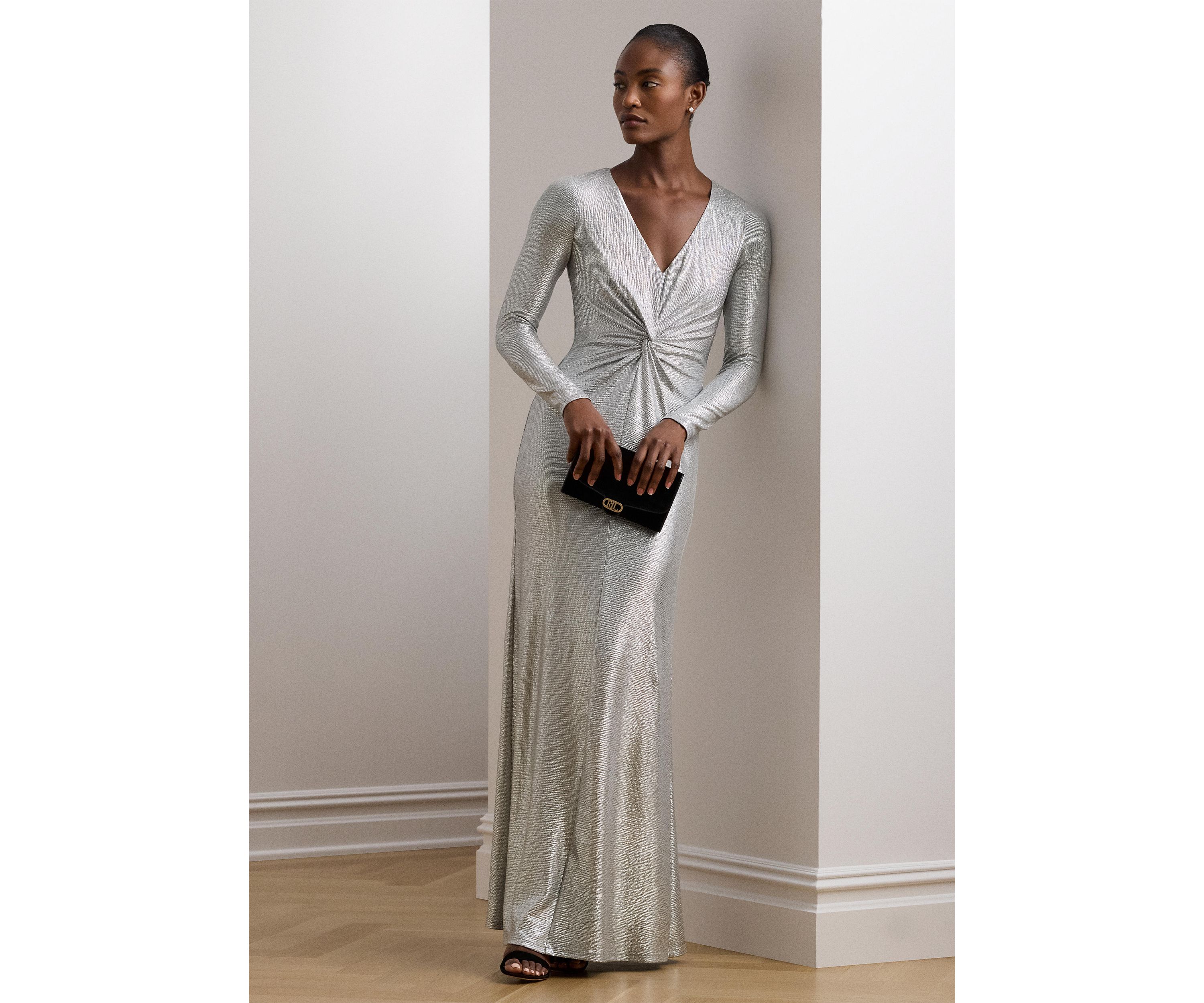 Womens Metallic Knit Twist-Front Gown