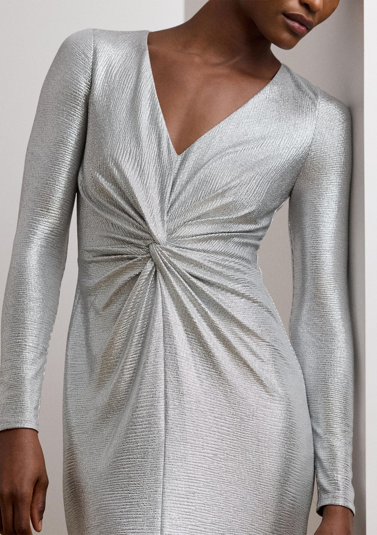 Womens Metallic Knit Twist-Front Gown