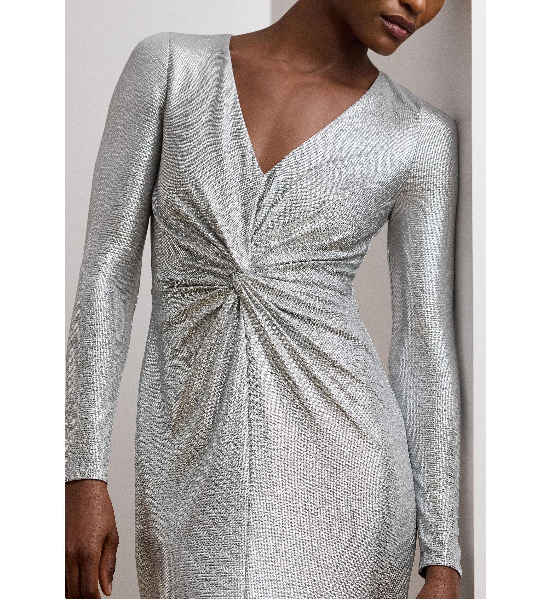 Womens Metallic Knit Twist-Front Gown