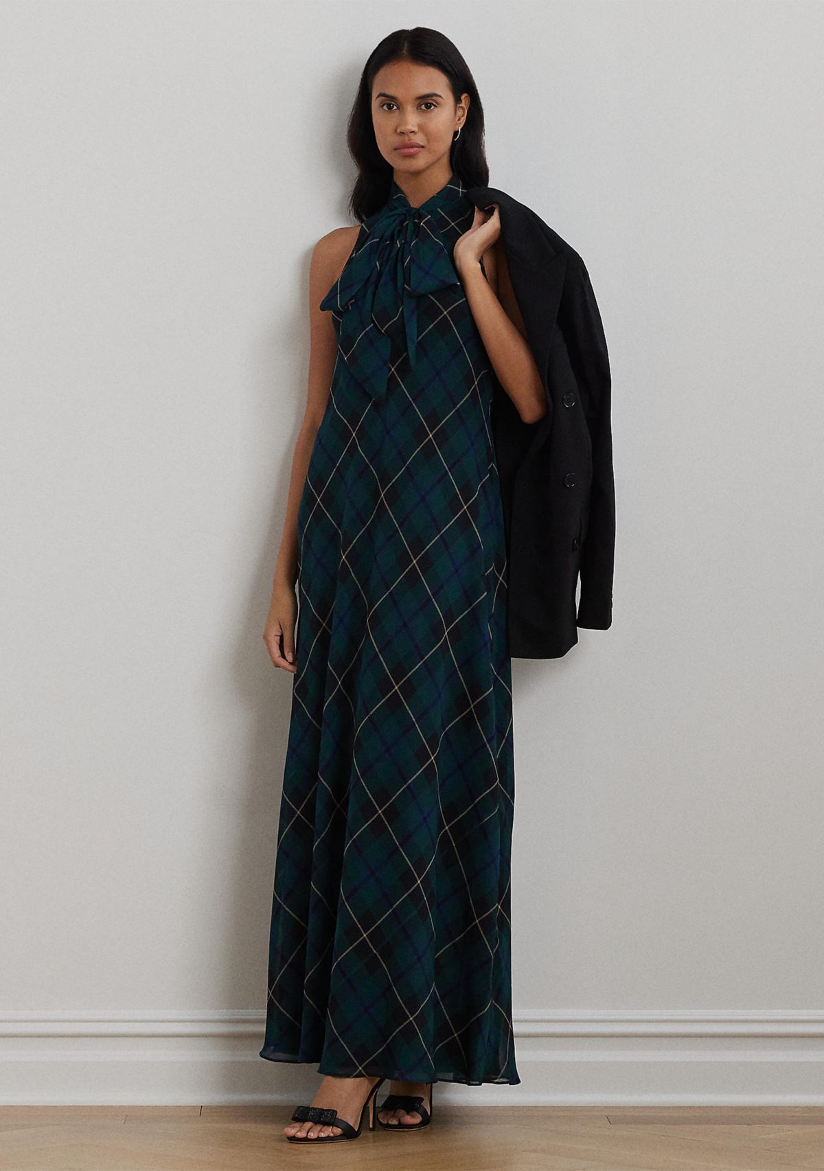Plaid Crinkle Georgette Tie-Neck Gown