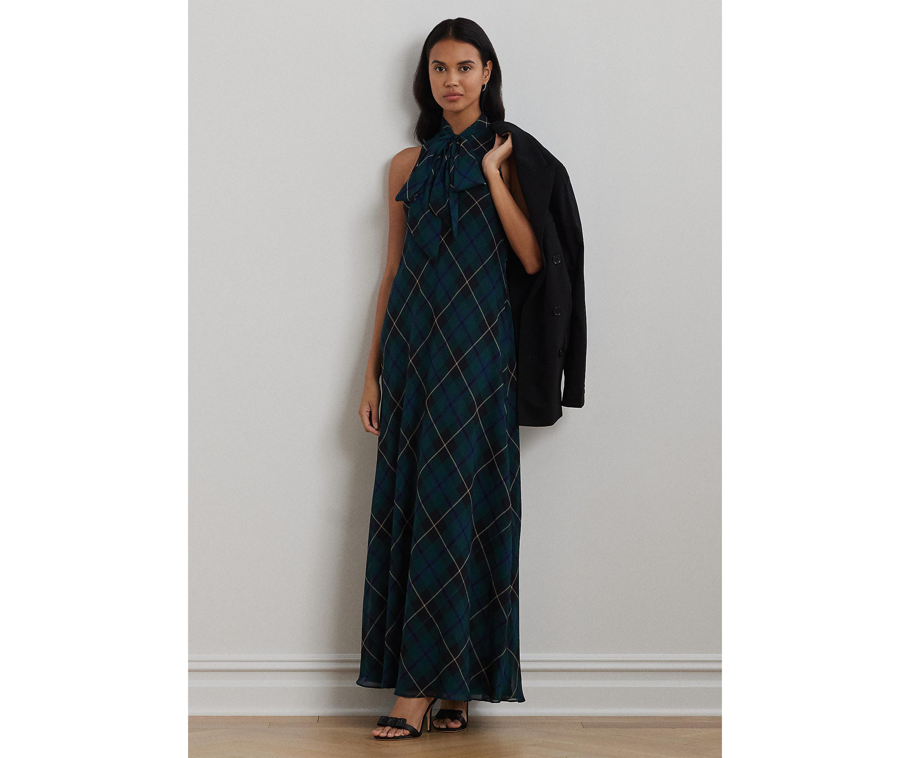 Plaid Crinkle Georgette Tie-Neck Gown