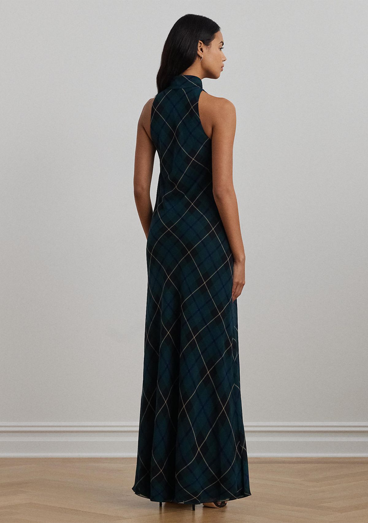 Plaid Crinkle Georgette Tie-Neck Gown