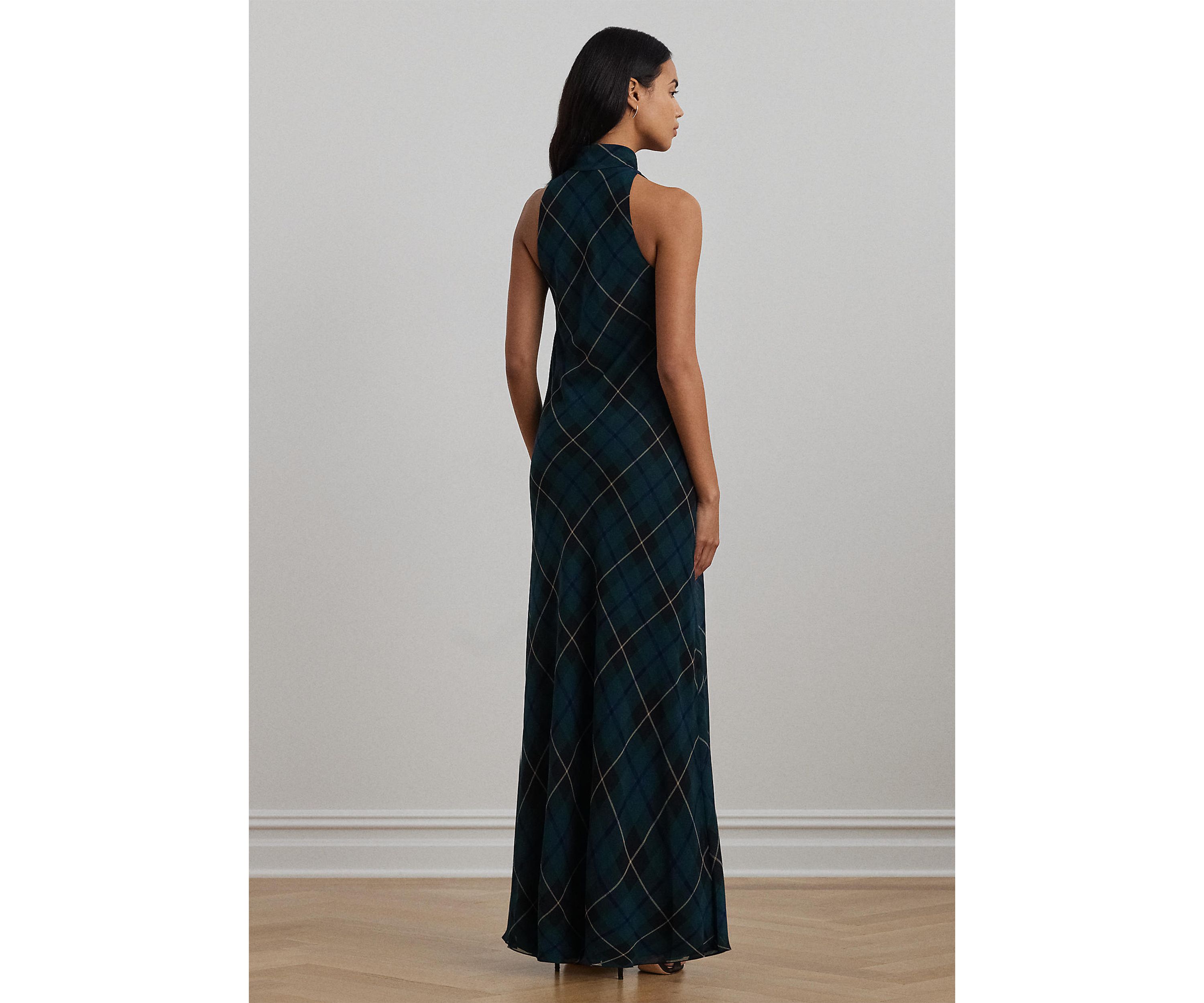 Plaid Crinkle Georgette Tie-Neck Gown