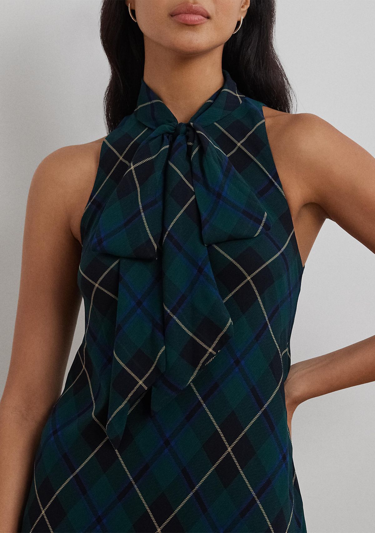 Plaid Crinkle Georgette Tie-Neck Gown