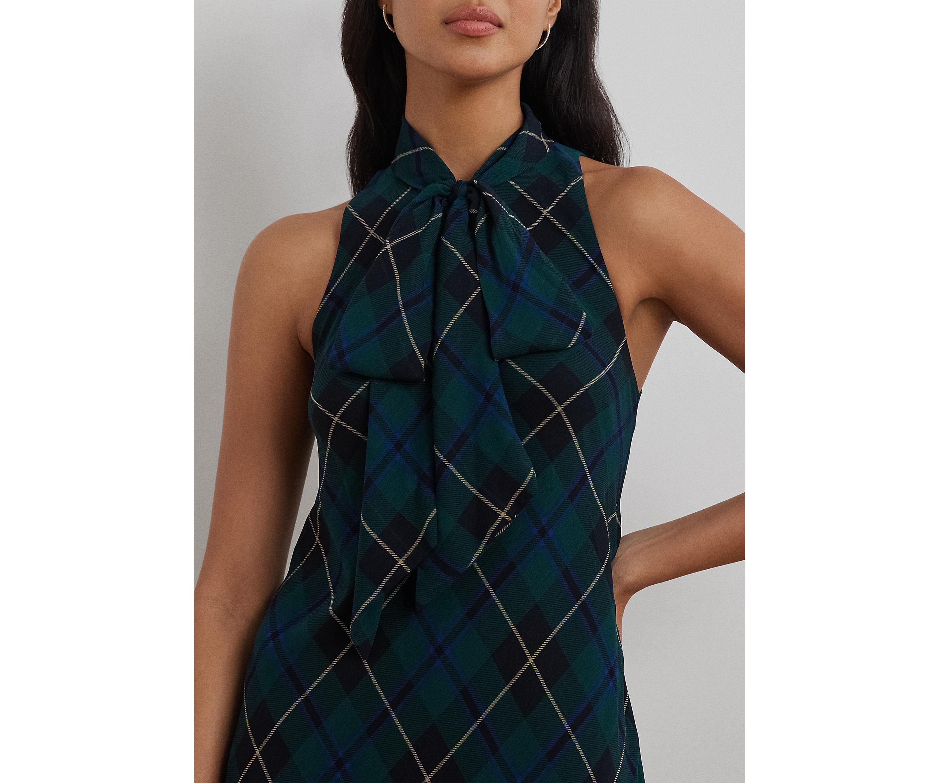 Plaid Crinkle Georgette Tie-Neck Gown