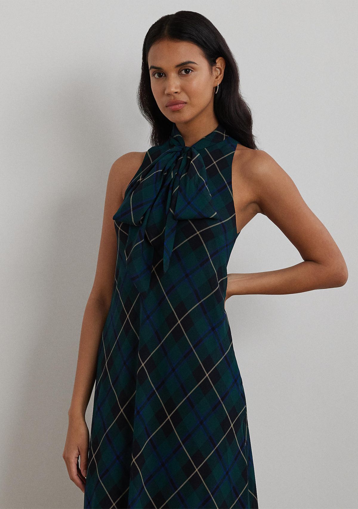 Plaid Crinkle Georgette Tie-Neck Gown