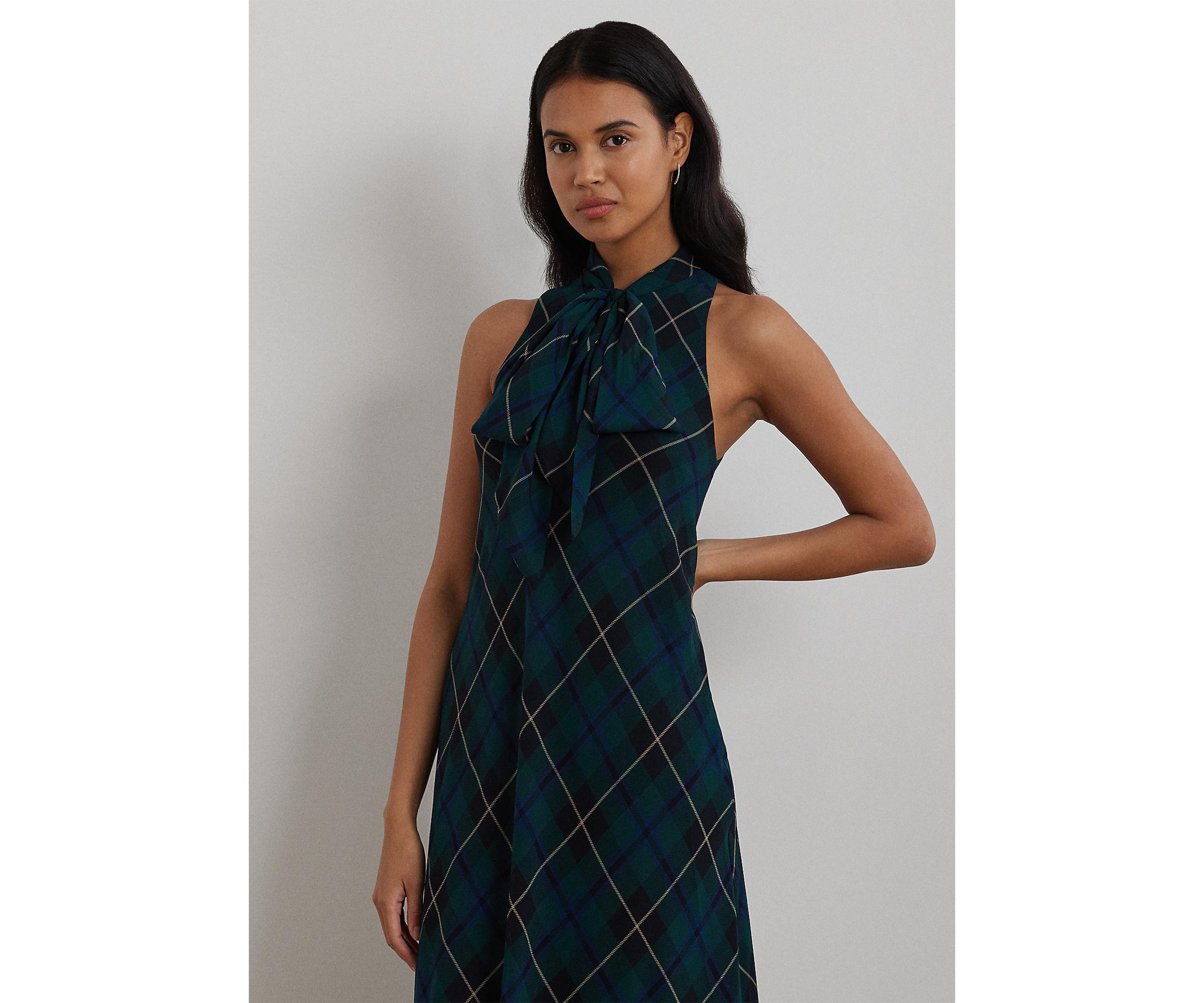 Plaid Crinkle Georgette Tie-Neck Gown