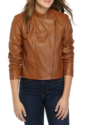Michael Kors quilted tan leather moto jacket with gold hardware, J