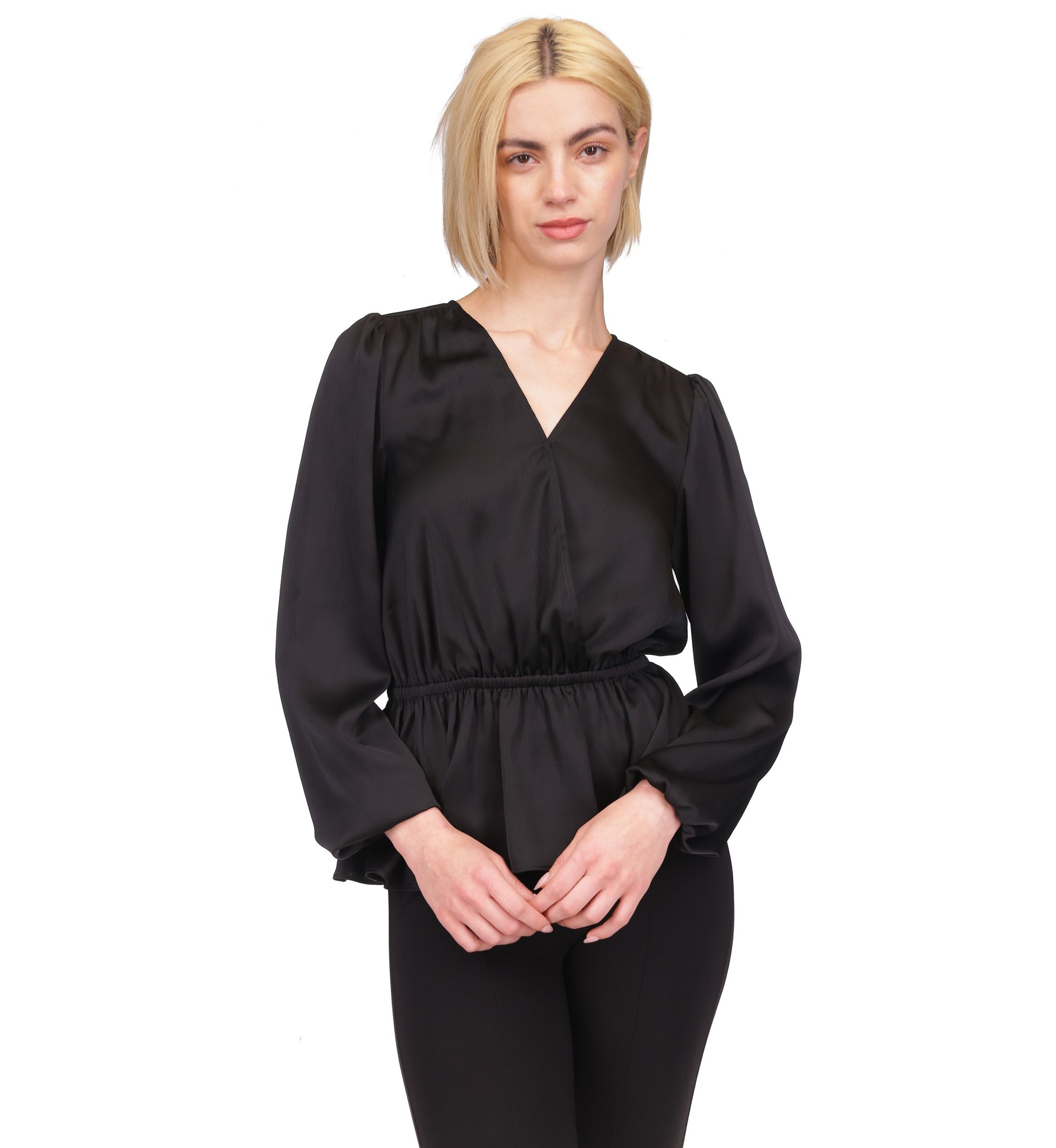 Womens Long Sleeve Surplice Peplum Blouse