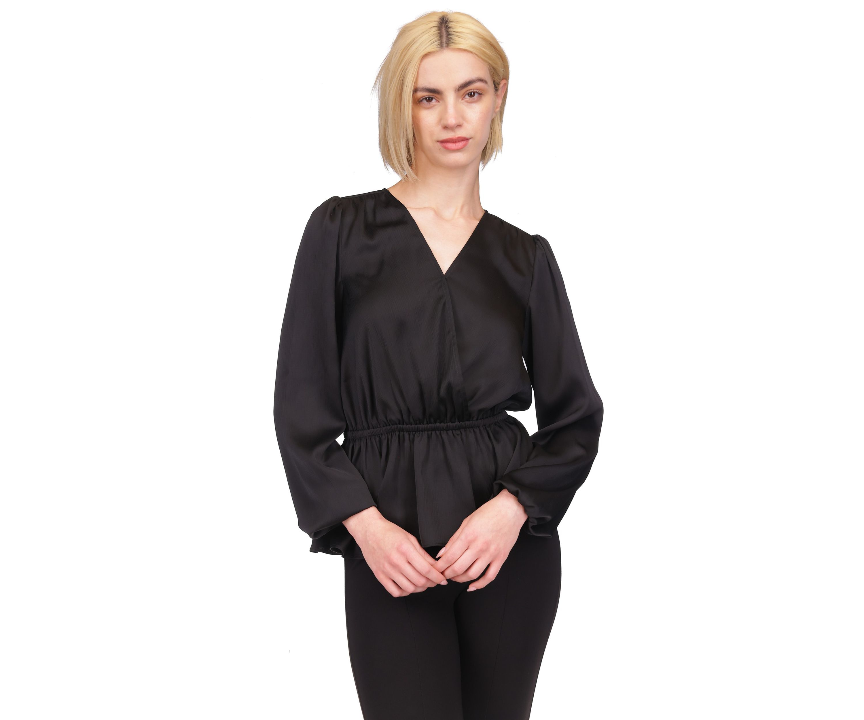 Womens Long Sleeve Surplice Peplum Blouse