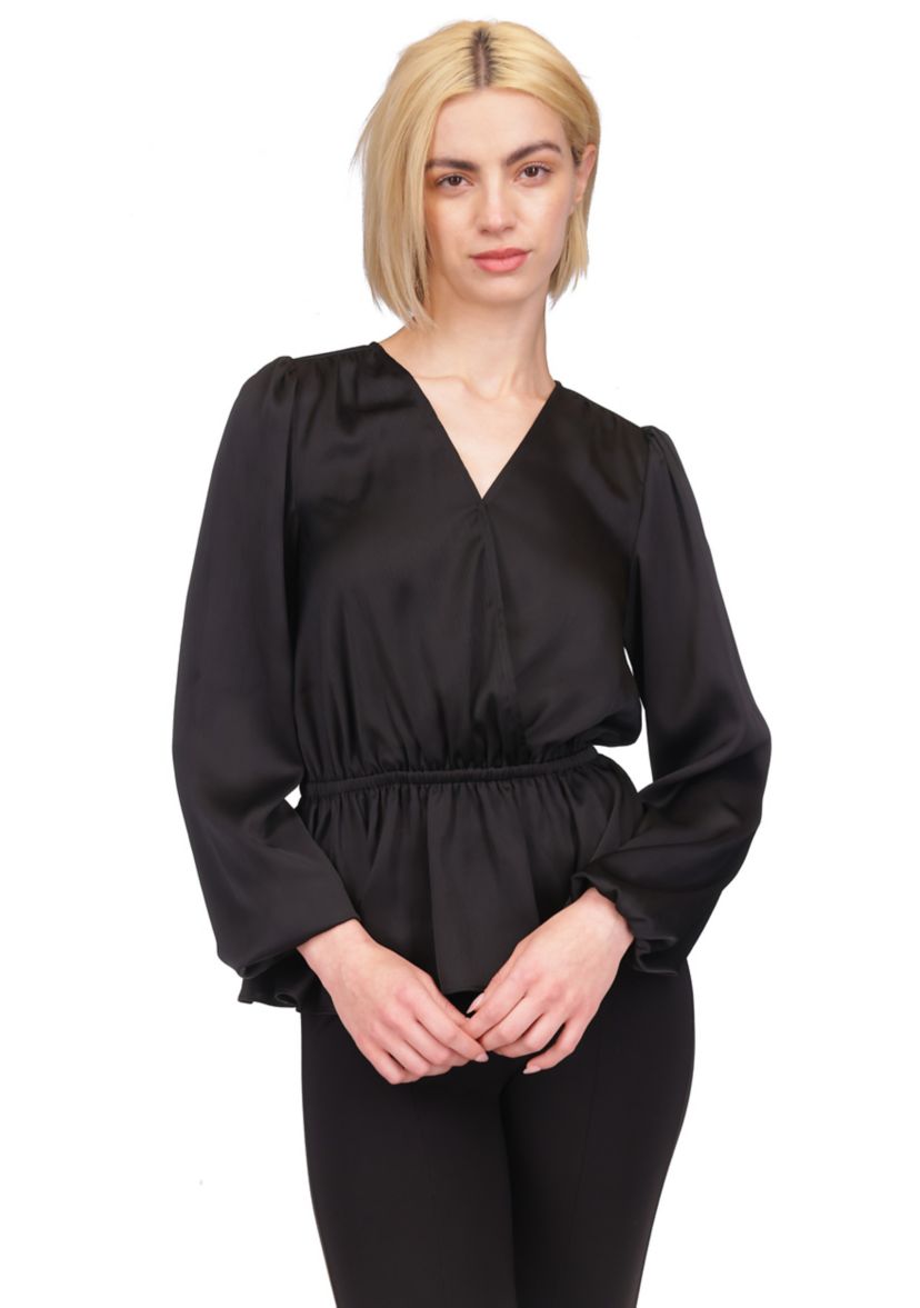 Womens Long Sleeve Surplice Peplum Blouse