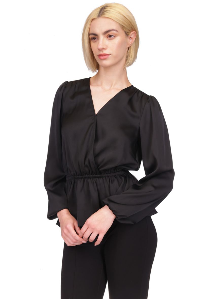 Womens Long Sleeve Surplice Peplum Blouse