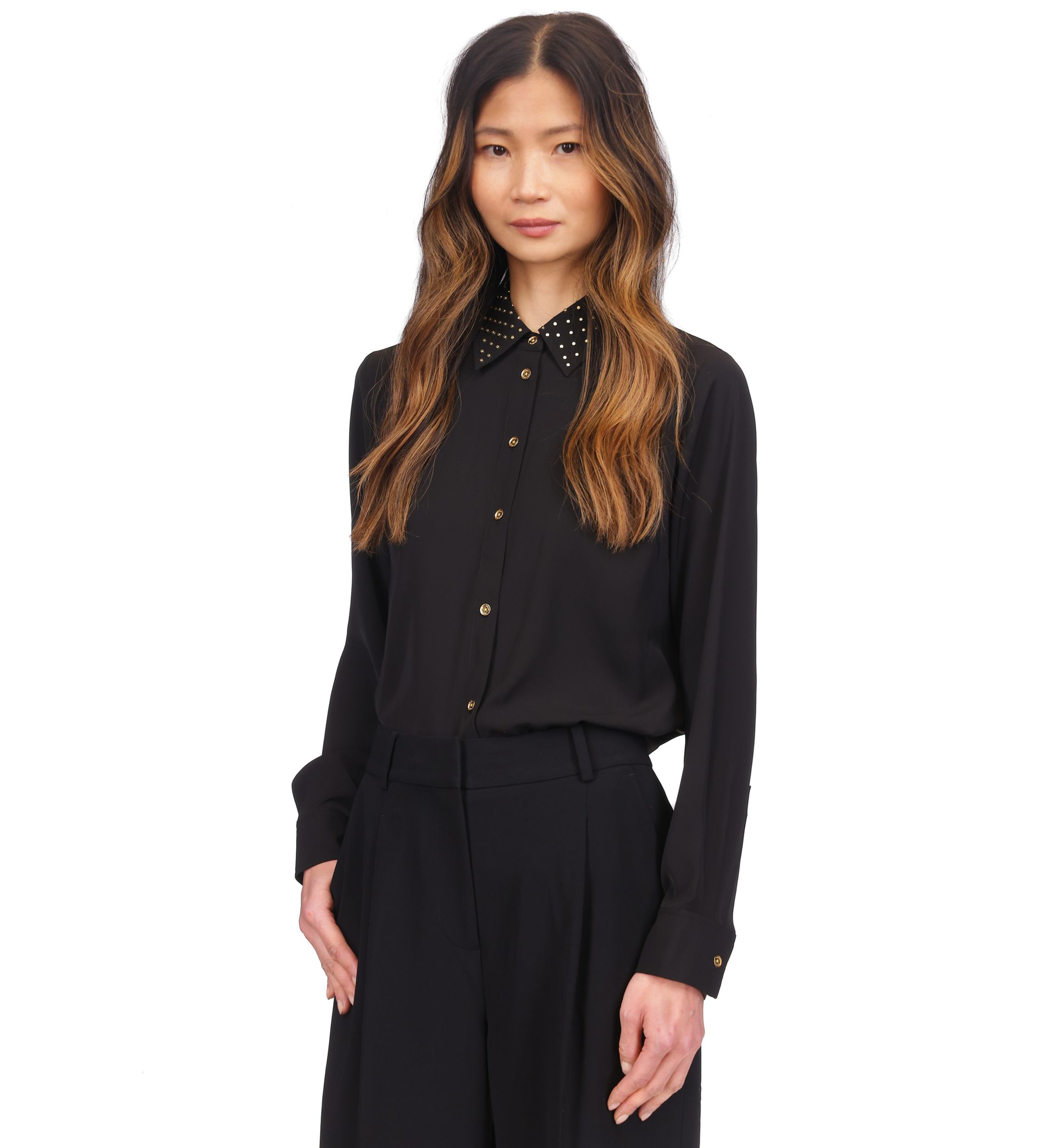 Womens Long Sleeve Studded Collar Button Up Shirt 