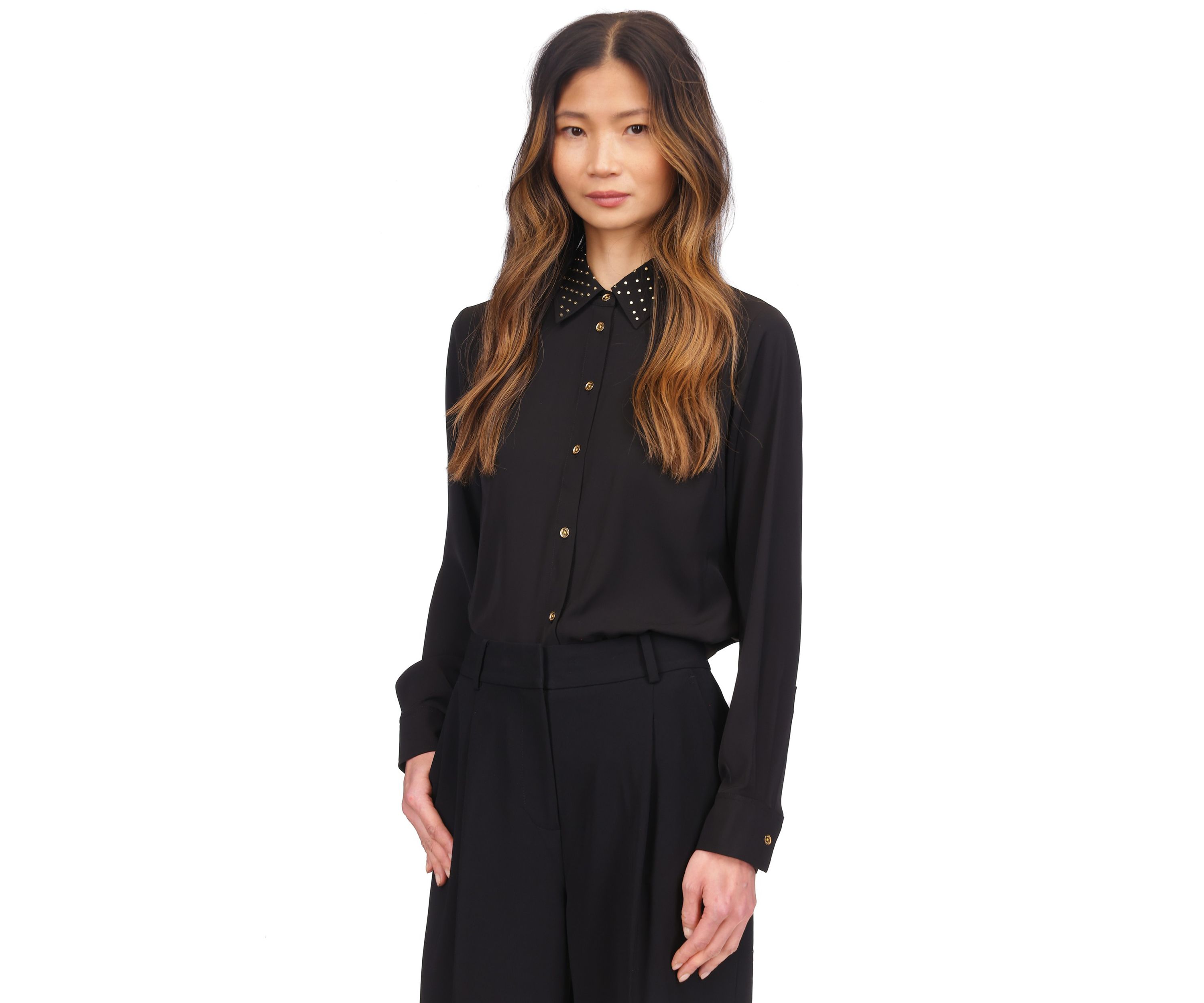 Womens Long Sleeve Studded Collar Button Up Shirt 