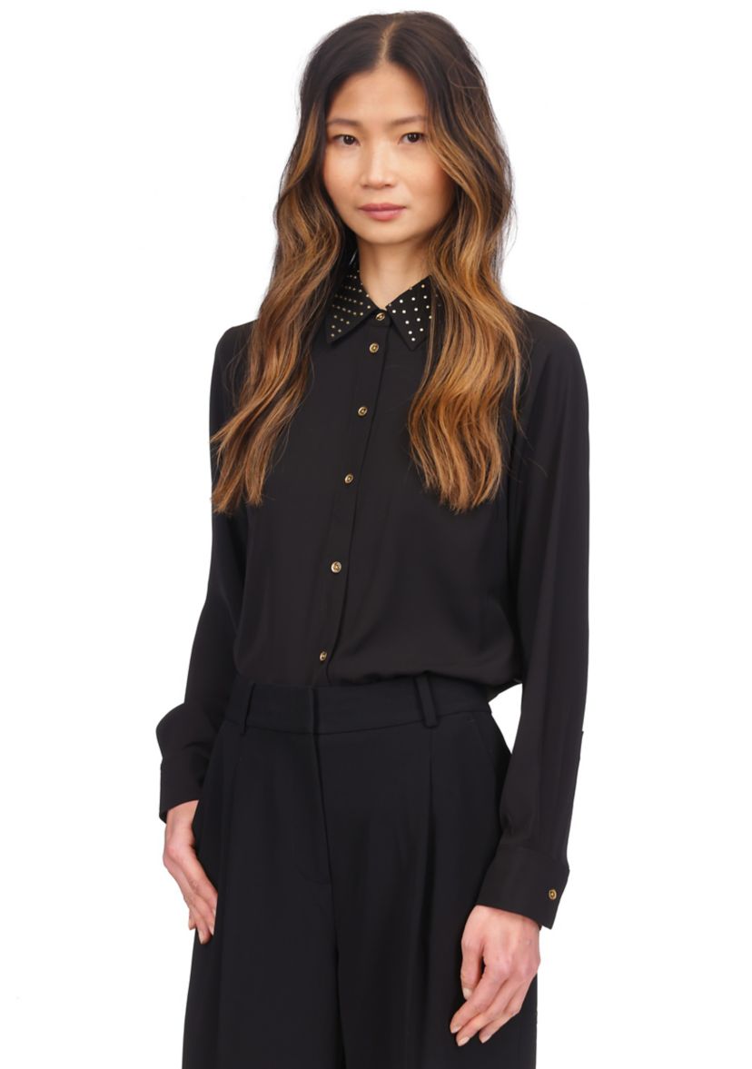 Womens Long Sleeve Studded Collar Button Up Shirt 